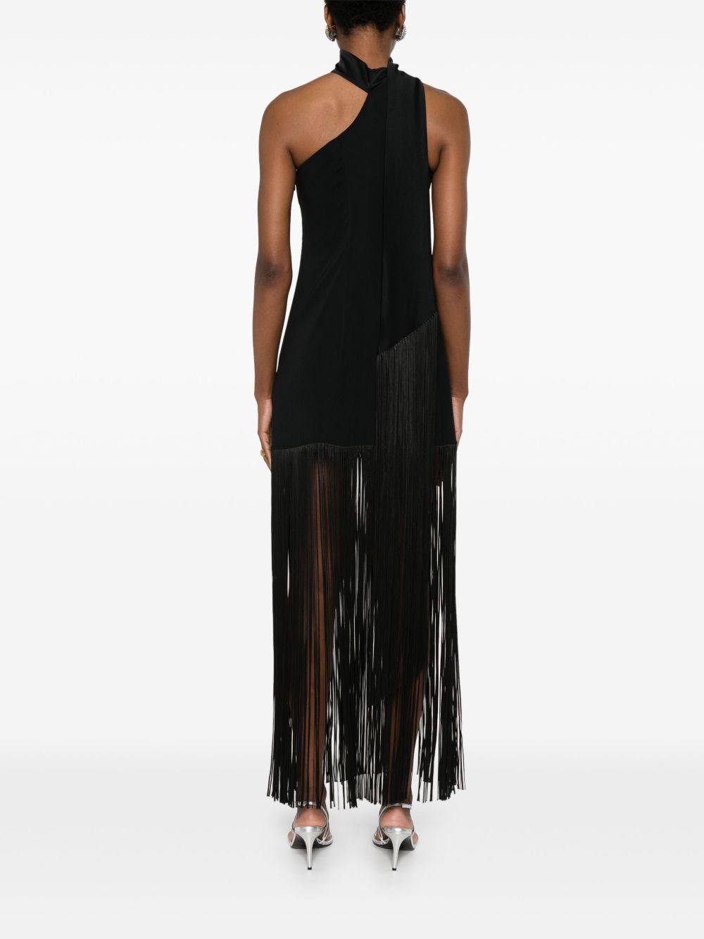 TALLER MARMO Asymmetric Neck Sleeveless Dress with Scarf and Fringe Detailing