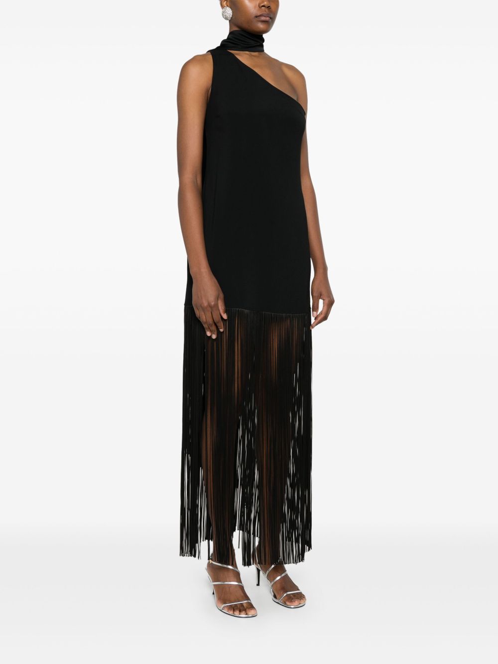 TALLER MARMO Asymmetric Neck Sleeveless Dress with Scarf and Fringe Detailing