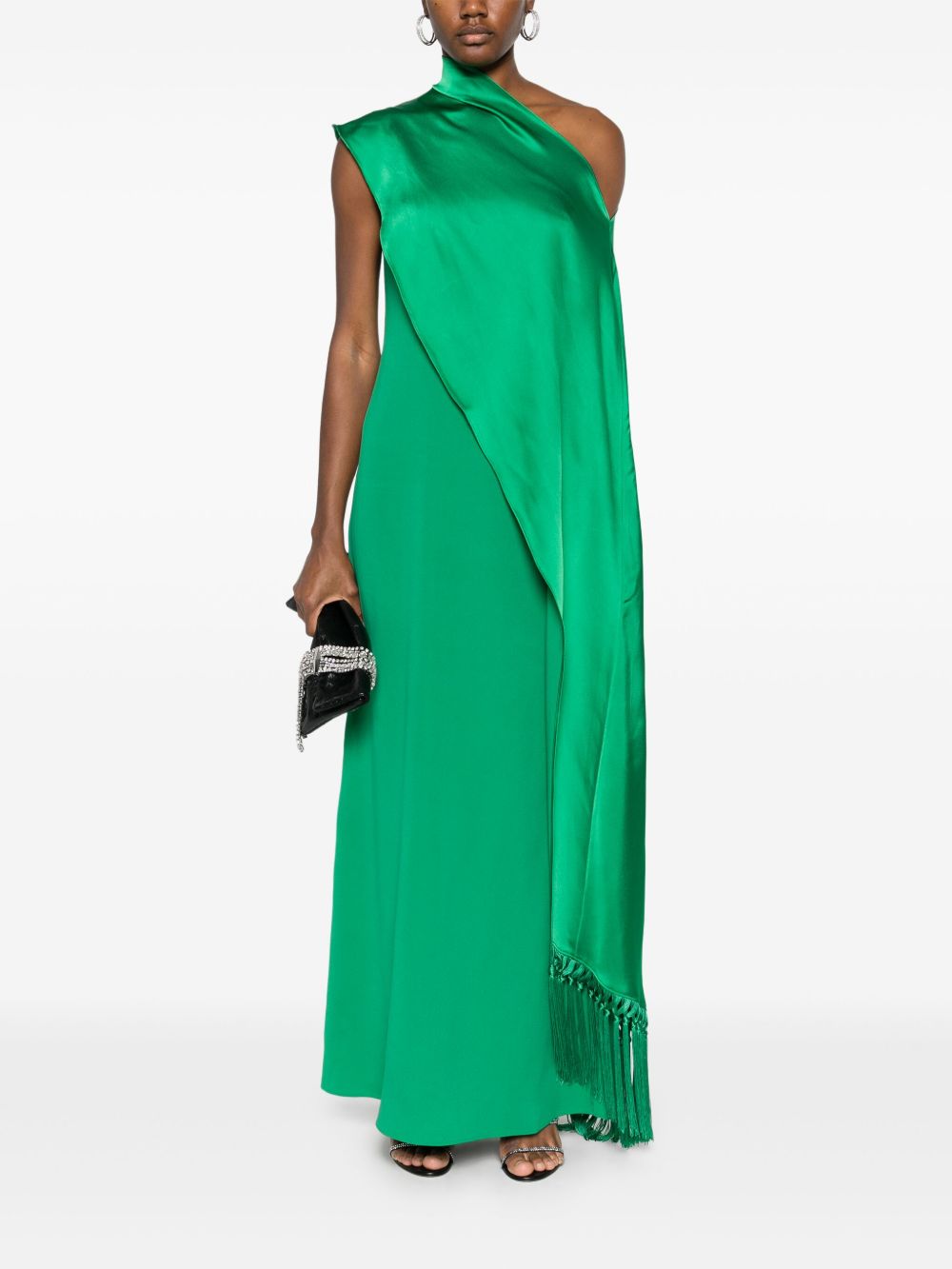 TALLER MARMO Sophisticated Long Dress with Fringe and Asymmetric Neck