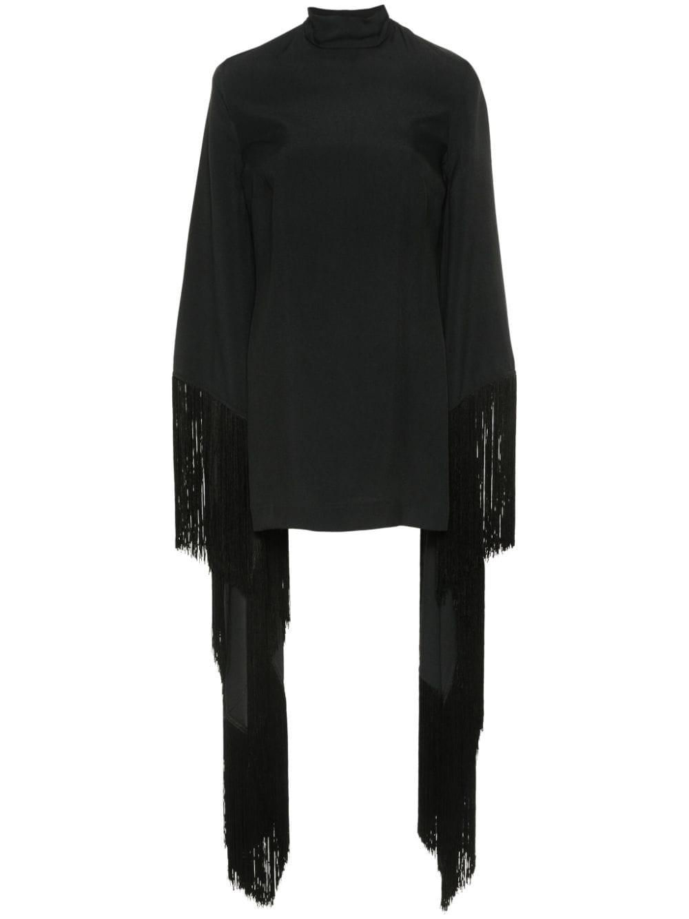 TALLER MARMO Fringed Mini Dress with High Neck and Extra-Long Sleeves