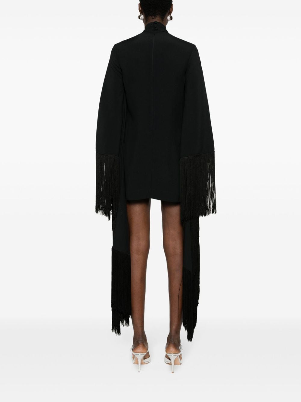 TALLER MARMO Fringed Mini Dress with High Neck and Extra-Long Sleeves
