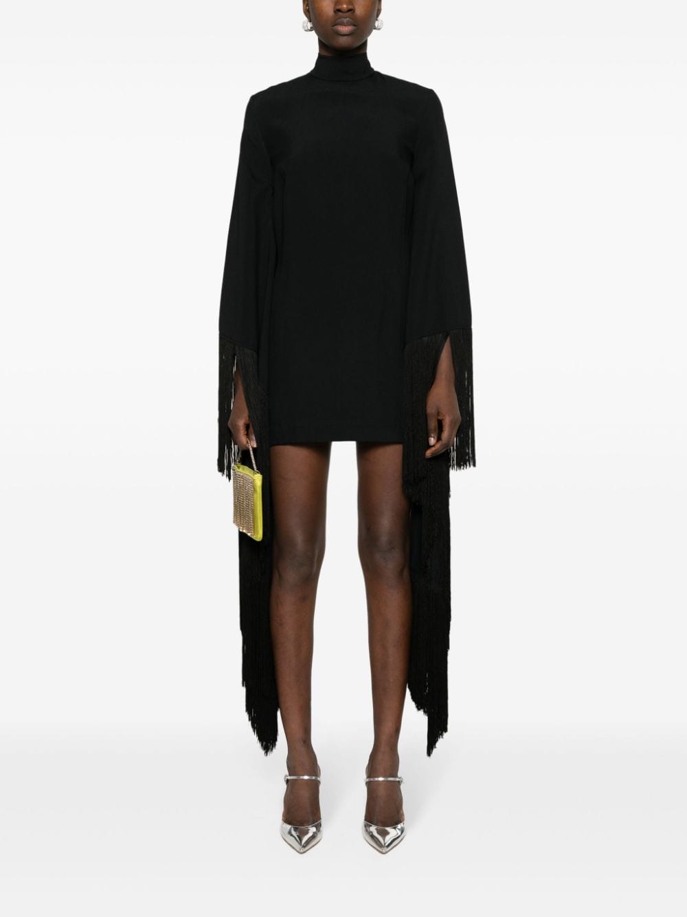 TALLER MARMO Fringed Mini Dress with High Neck and Extra-Long Sleeves