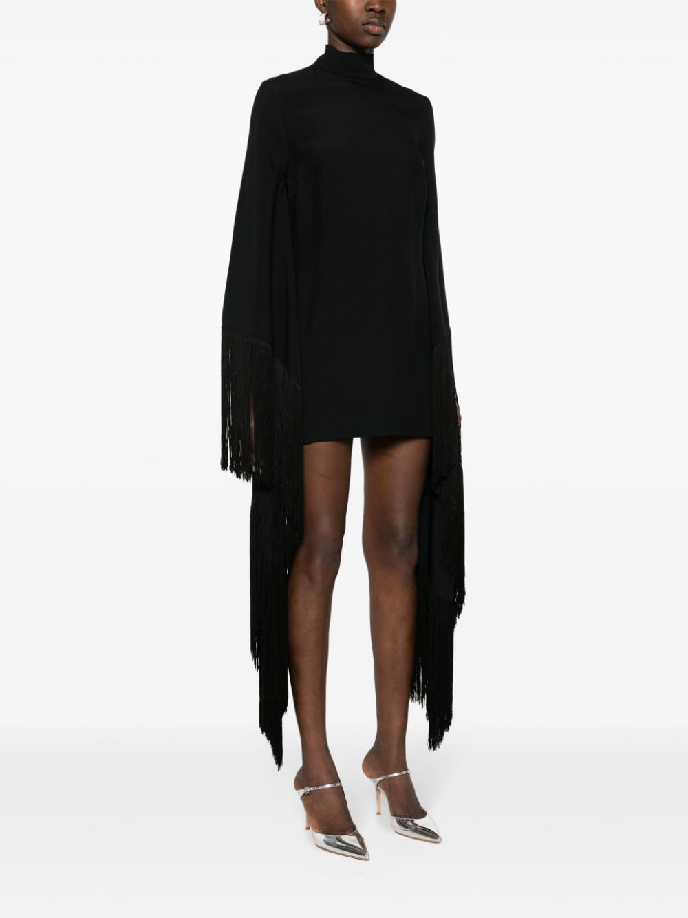 TALLER MARMO Fringed Mini Dress with High Neck and Extra-Long Sleeves