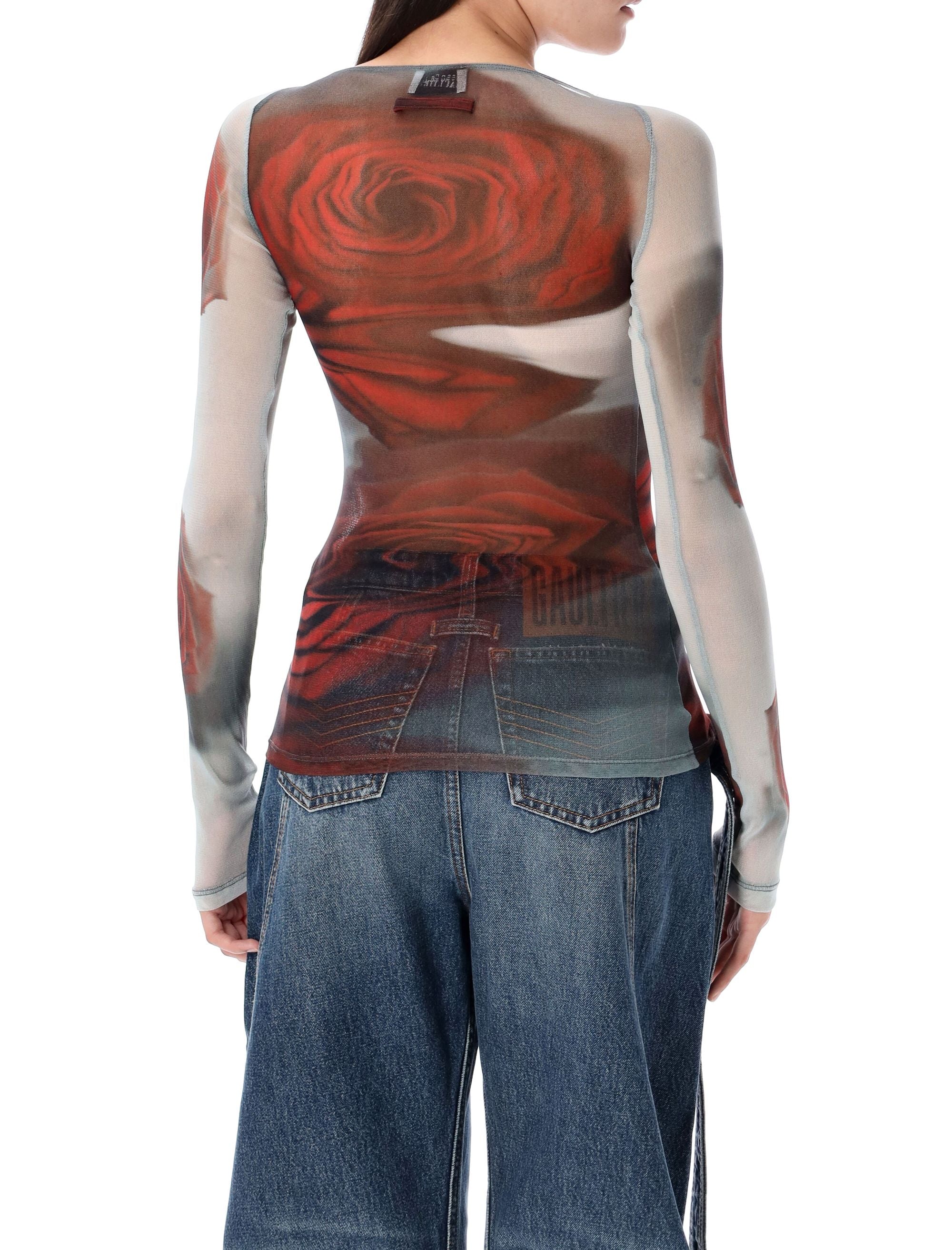 JEAN PAUL GAULTIER Roses Mesh Top - Slim Fit Long Sleeve