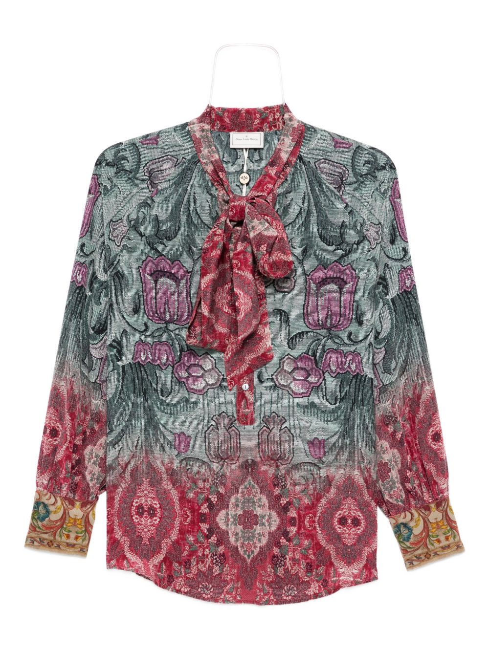 PIERRE LOUIS MASCIA Floral Printed Silk Shirt with Pussy Bow Collar