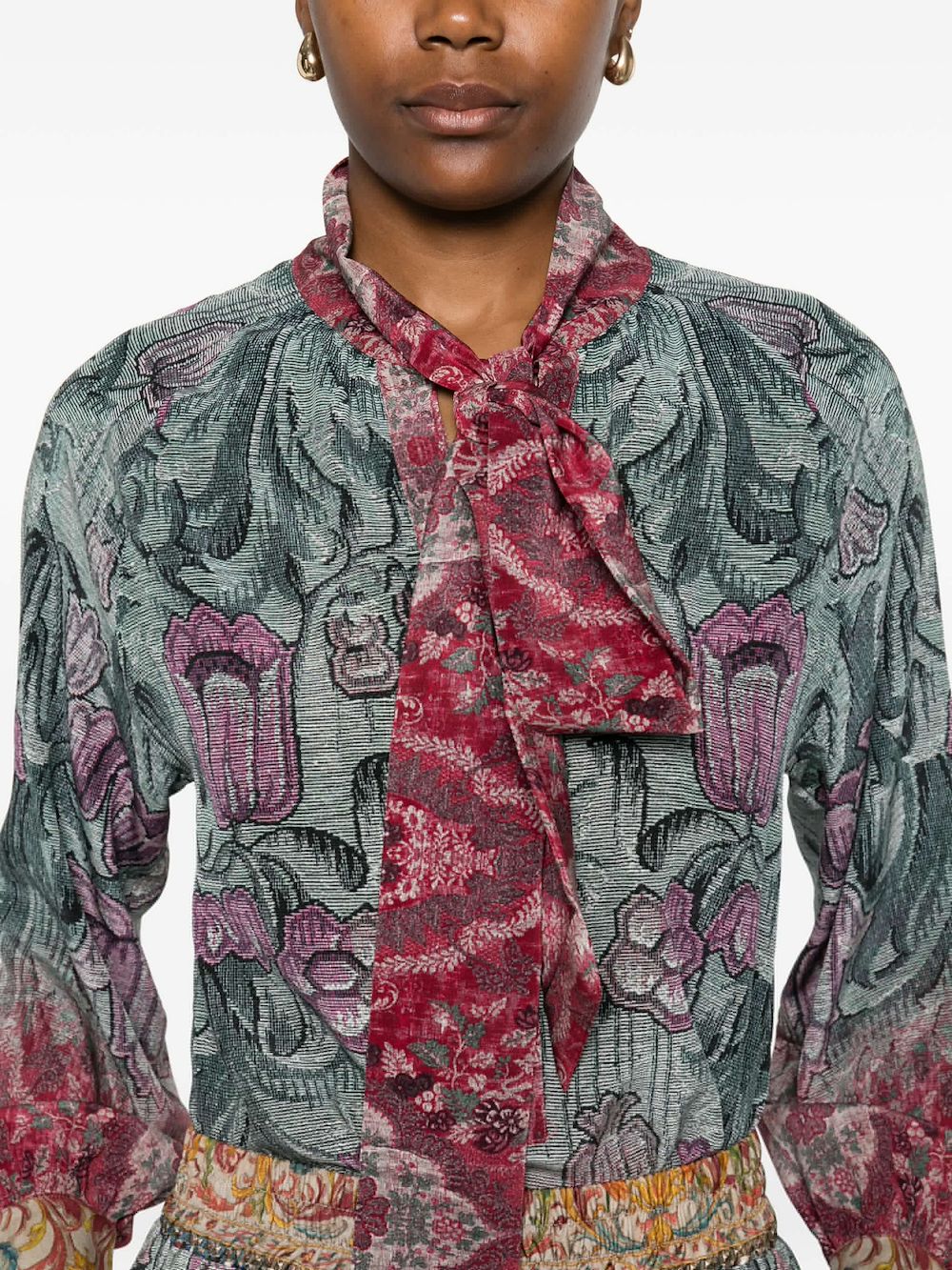 PIERRE LOUIS MASCIA Floral Printed Silk Shirt with Pussy Bow Collar