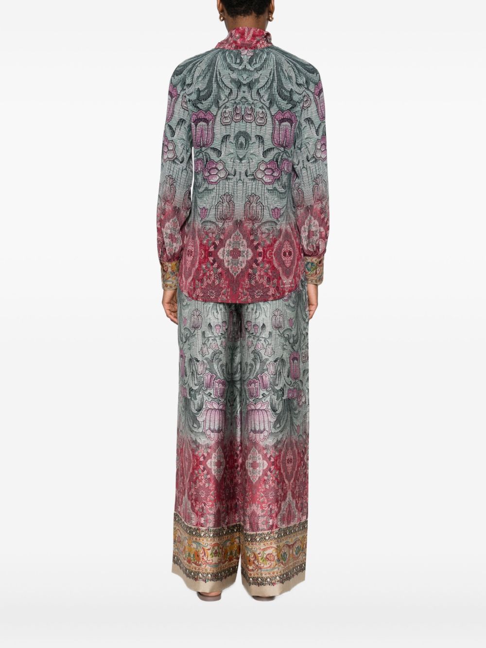 PIERRE LOUIS MASCIA Floral Printed Silk Shirt with Pussy Bow Collar