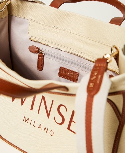 TWIN SET Canvas Shopper Handbag with Removable Strap