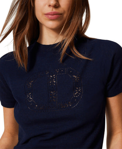 TWIN SET Chic Mock Neck T-Shirt with Floral Accents