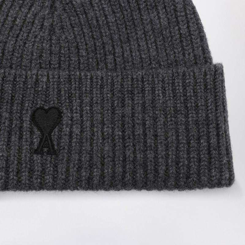 AMI PARIS Ribbed Wool Beanie with Turned-Up Hem for Men