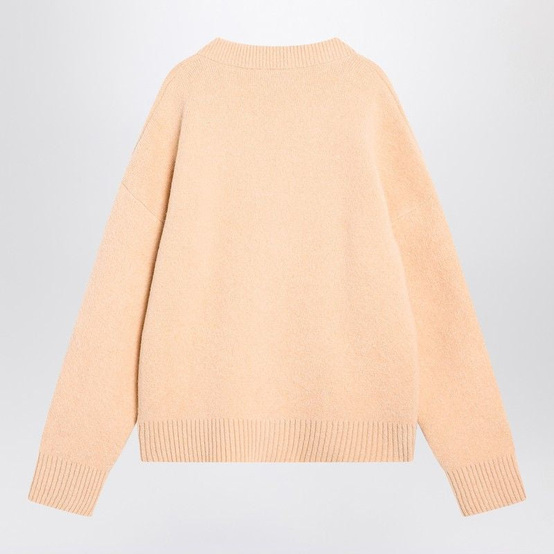 AMI PARIS Light Beige Wool Cardigan with Embroidered Heart - FW25