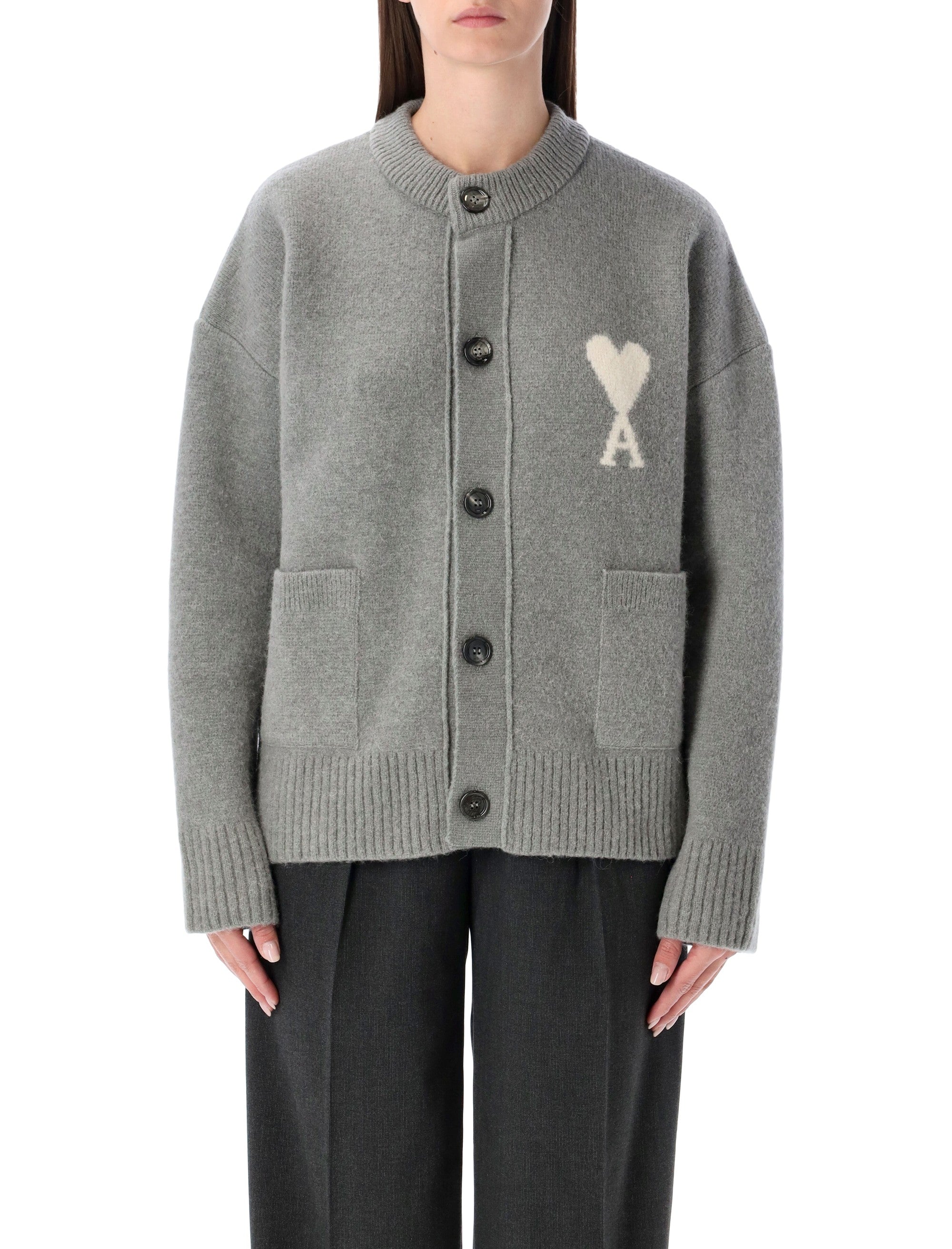 AMI PARIS Alpaca Blend Cardigan with Heart Logo - Size S