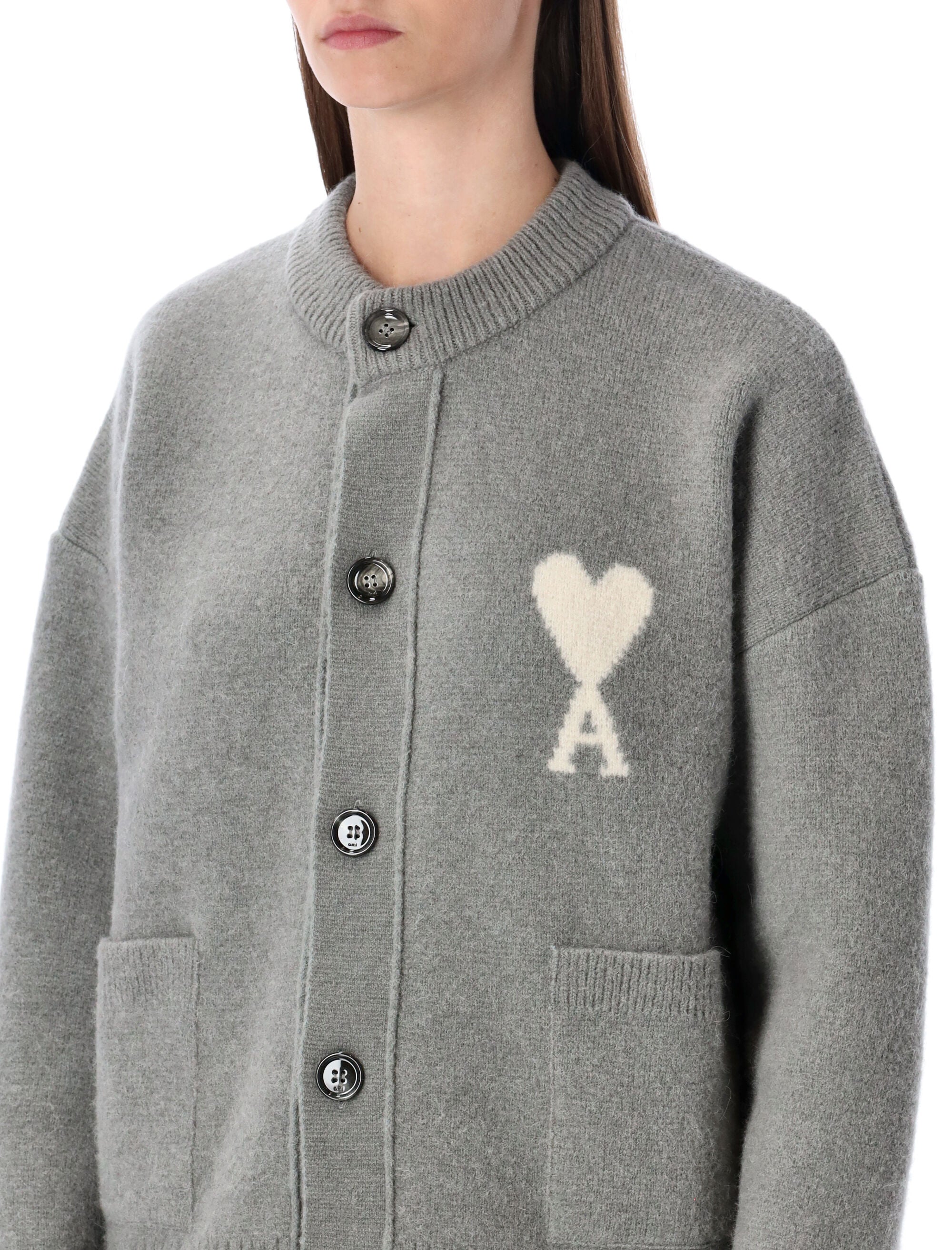 AMI PARIS Alpaca Blend Cardigan with Heart Logo - Size S