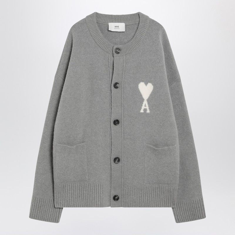 AMI PARIS Wool Cardigan with Embroidered Heart Design for Men