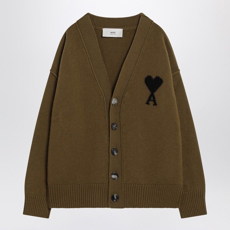 AMI PARIS Classic V-Neck Cardigan with Contrasting Logo Inlay