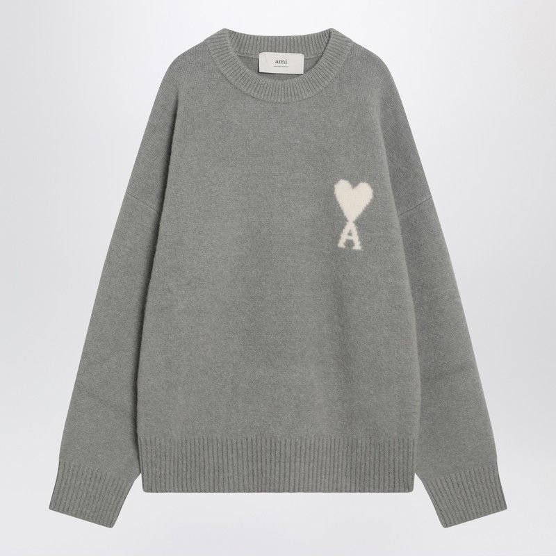 AMI PARIS Wool Blend Crew Neck Sweater with Logo