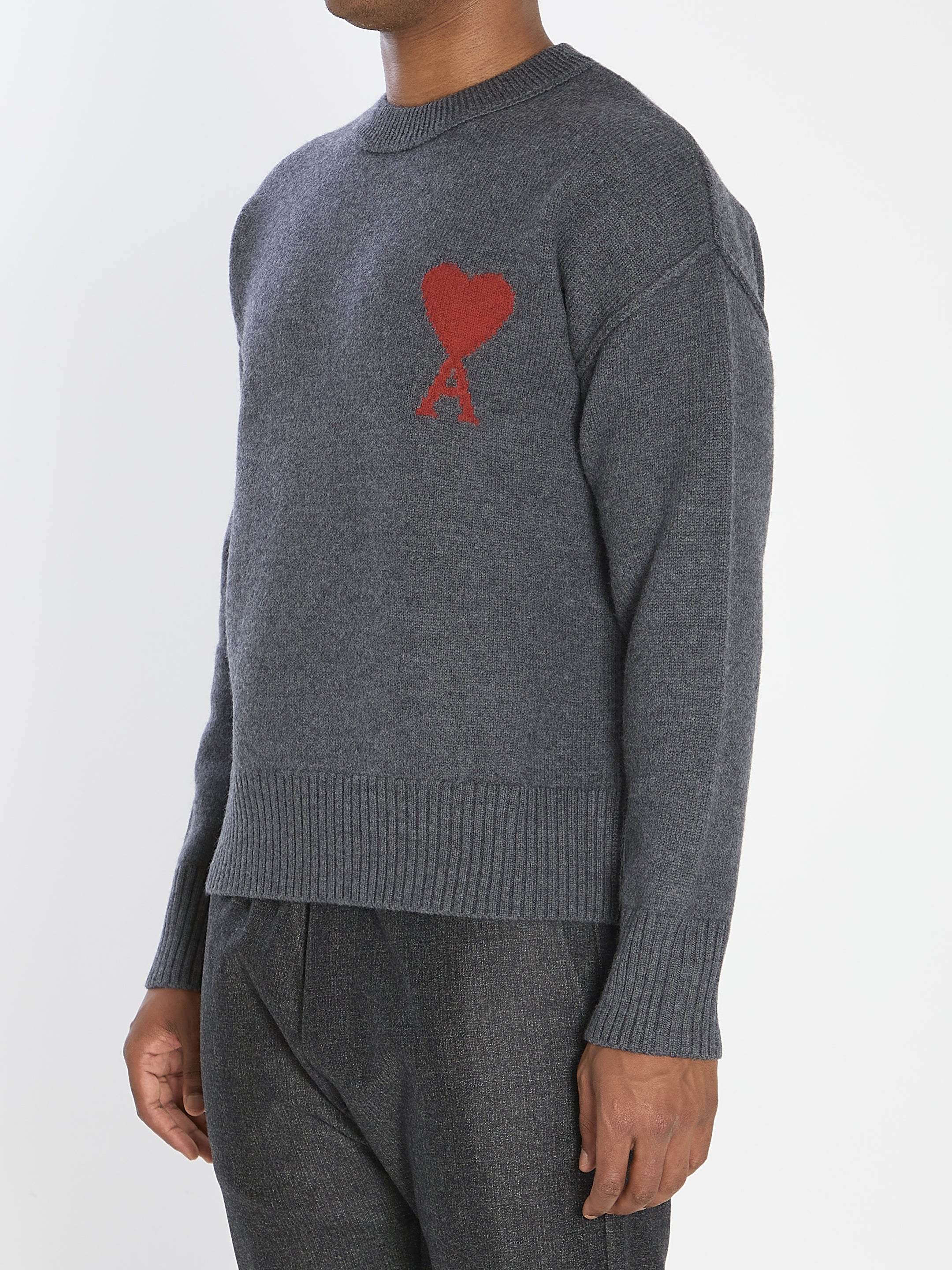 AMI PARIS Men's Regular Fit Wool Sweater with Embroidered Heart Design