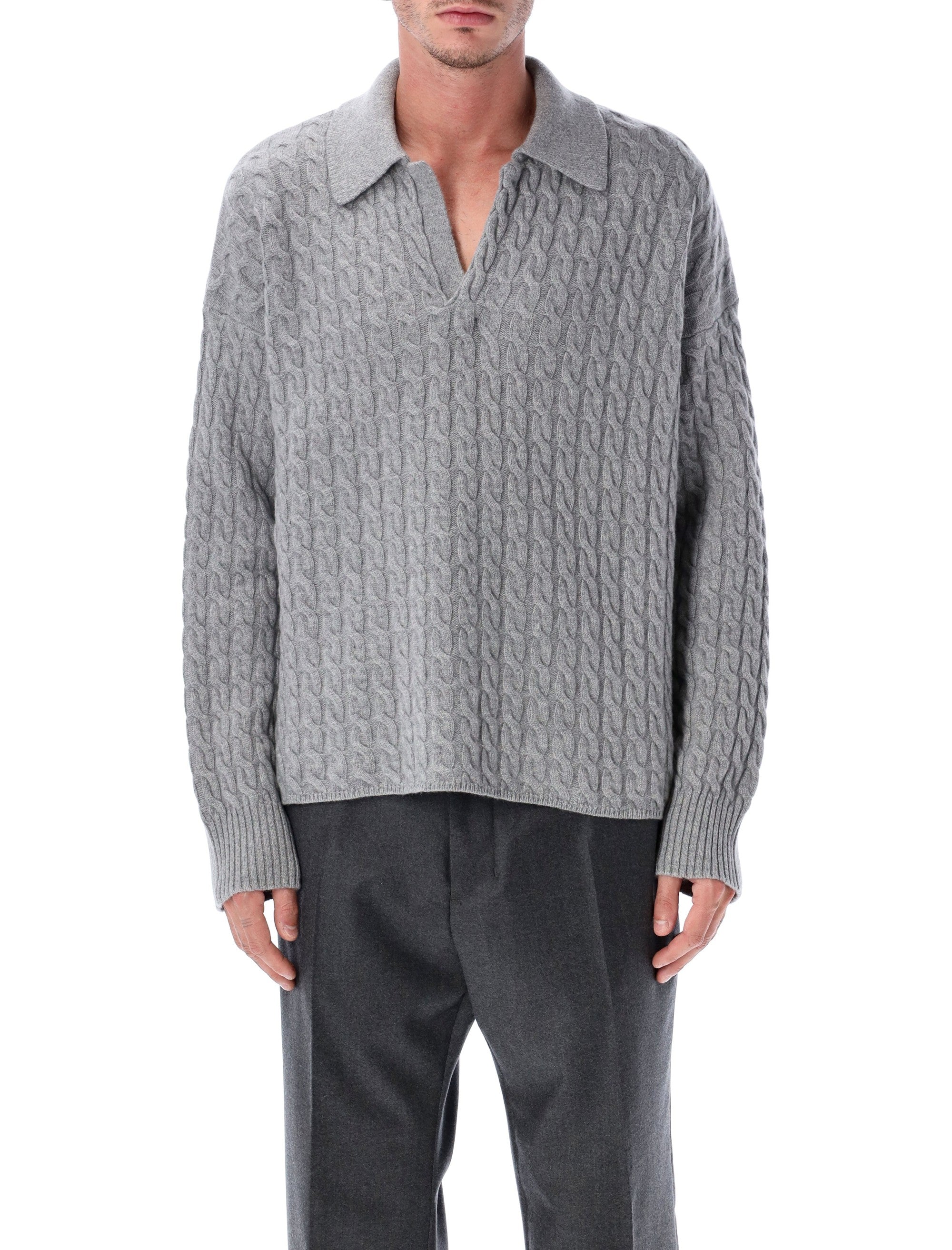 AMI PARIS Cable Knit Polo Sweater - Relaxed Fit