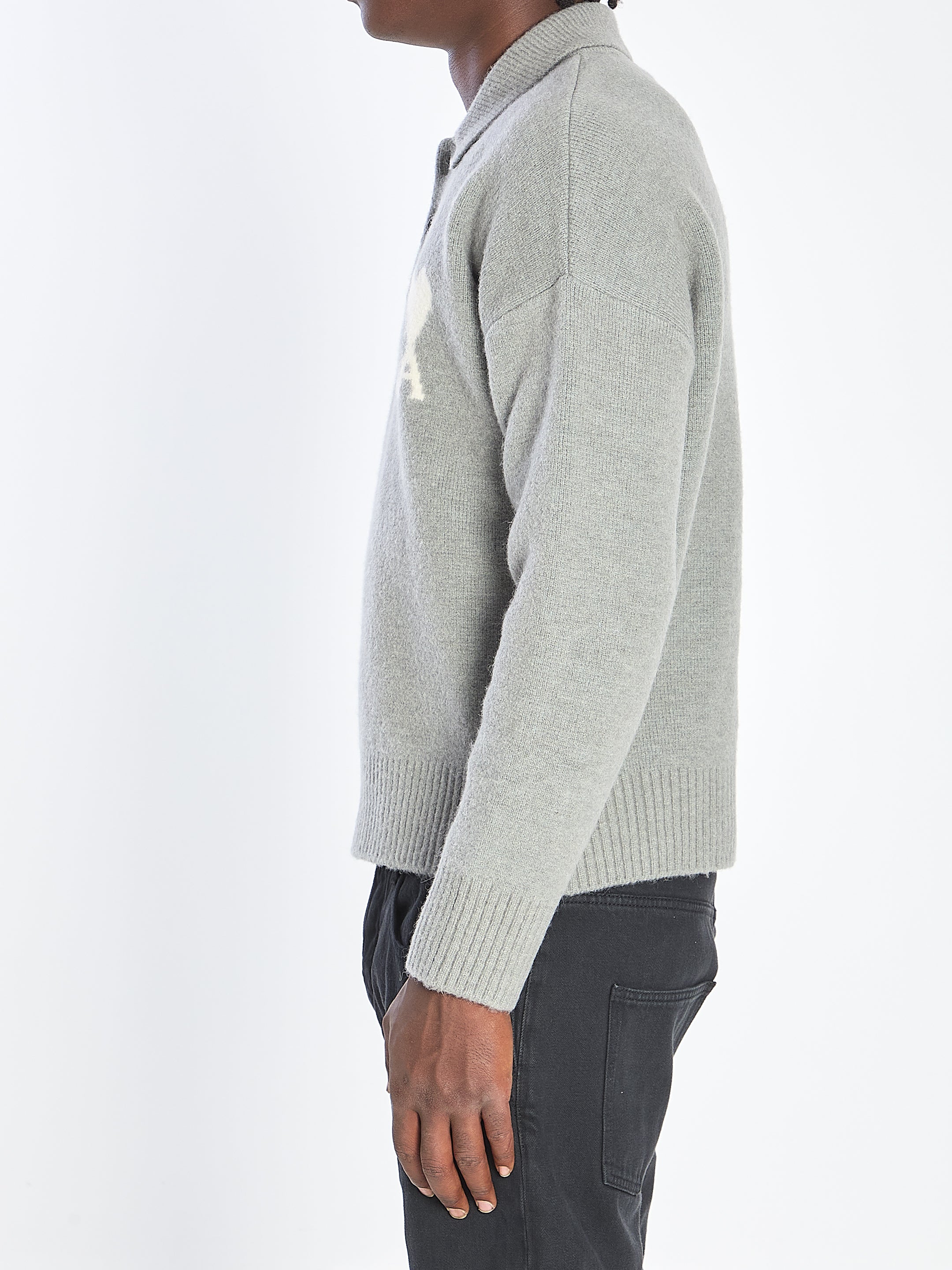 AMI PARIS Wool Polo Sweater with Iconic Logo - Size L