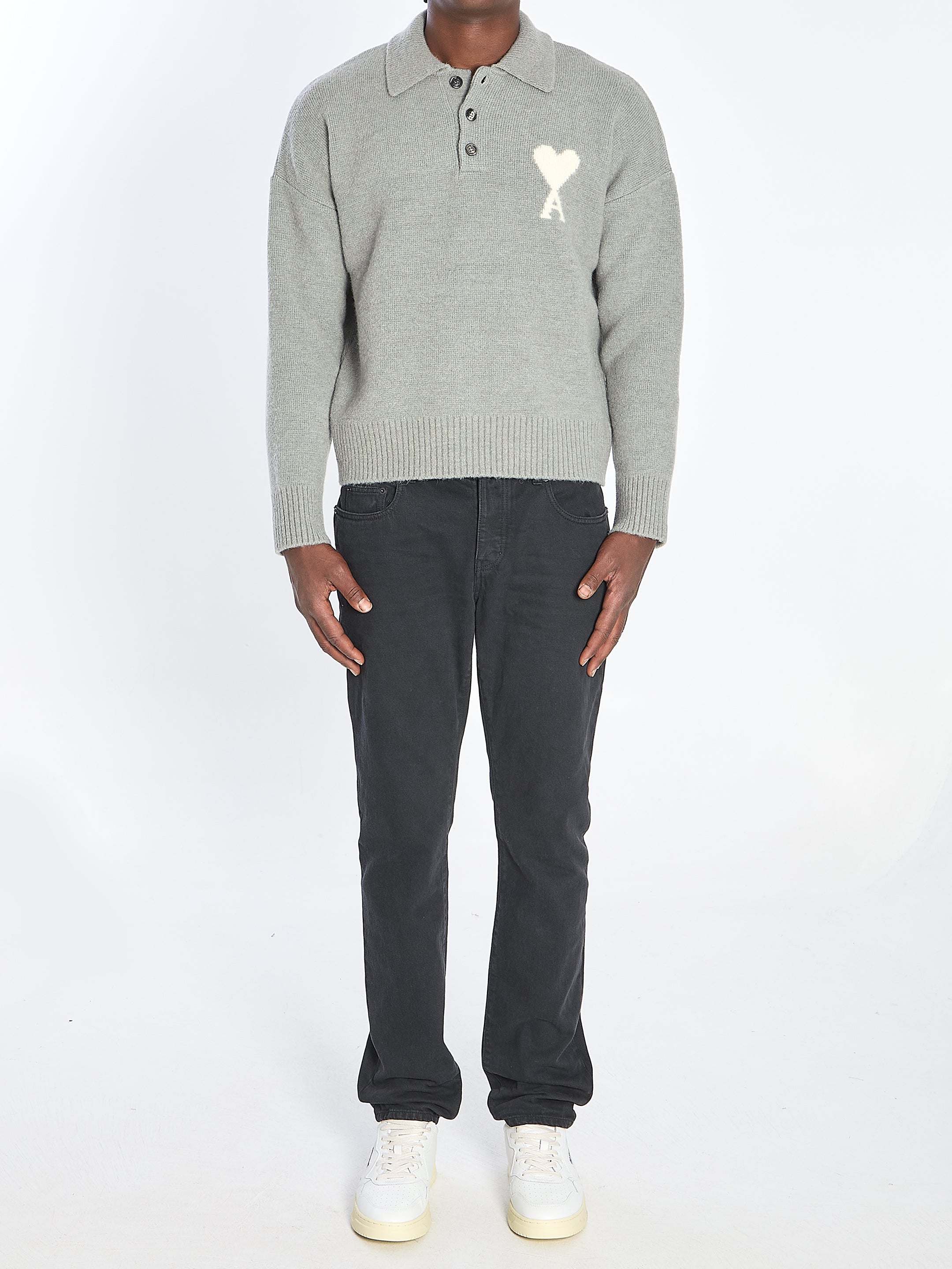 AMI PARIS Wool Polo Sweater with Iconic Logo - Size L