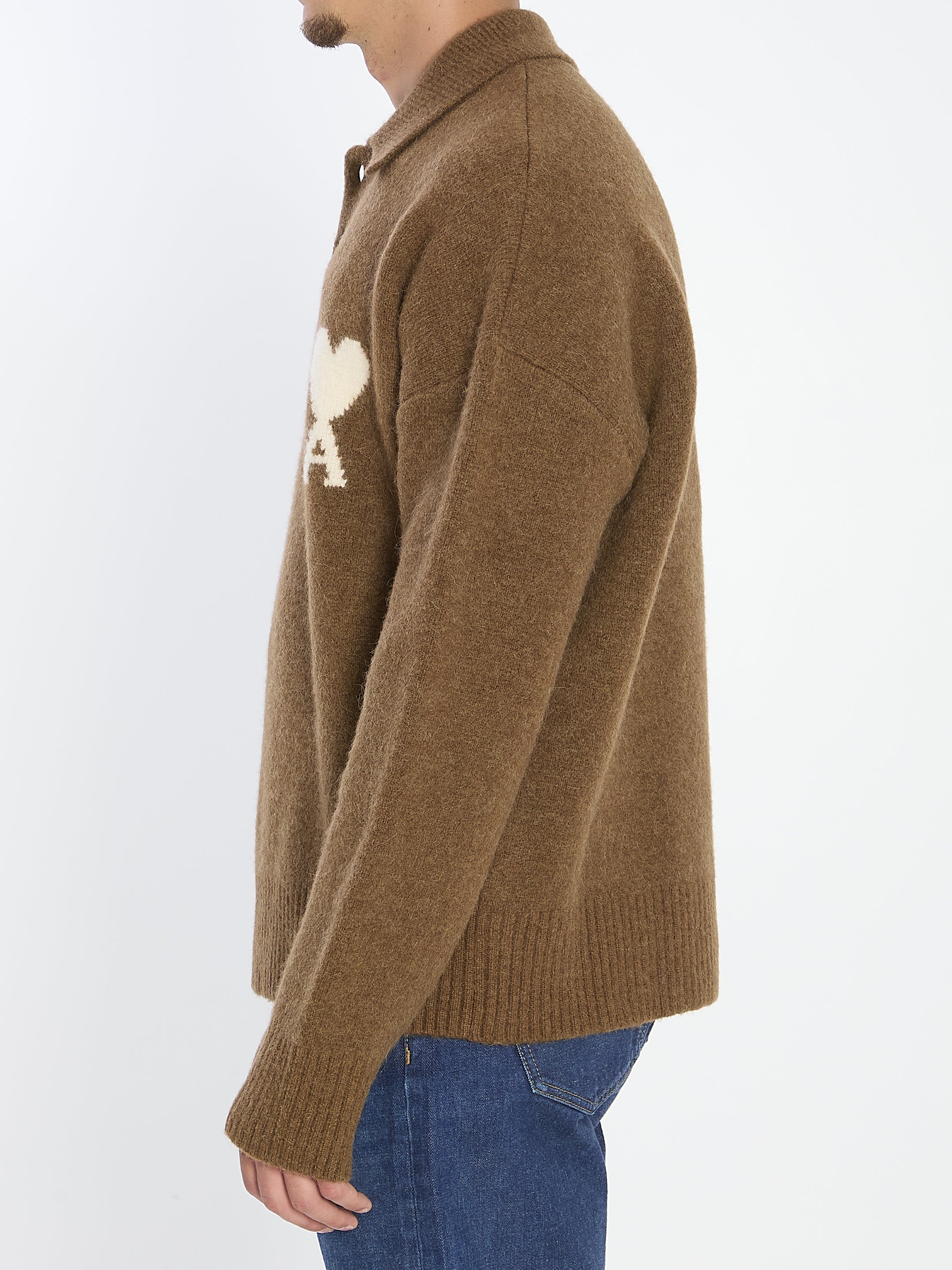 AMI PARIS Wool Polo Sweater with Iconic Logo - Size L