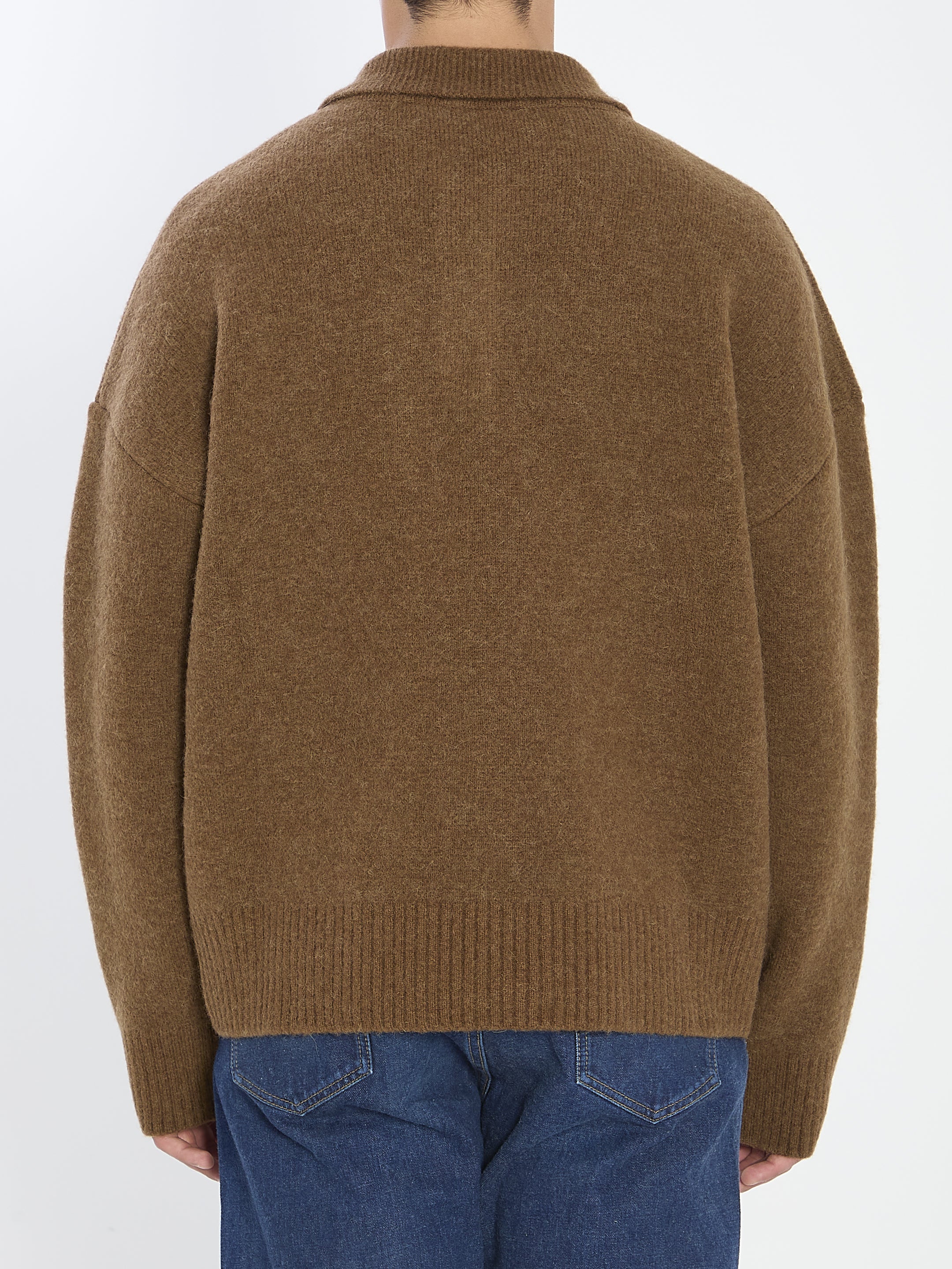 AMI PARIS Wool Polo Sweater with Iconic Logo - Size L