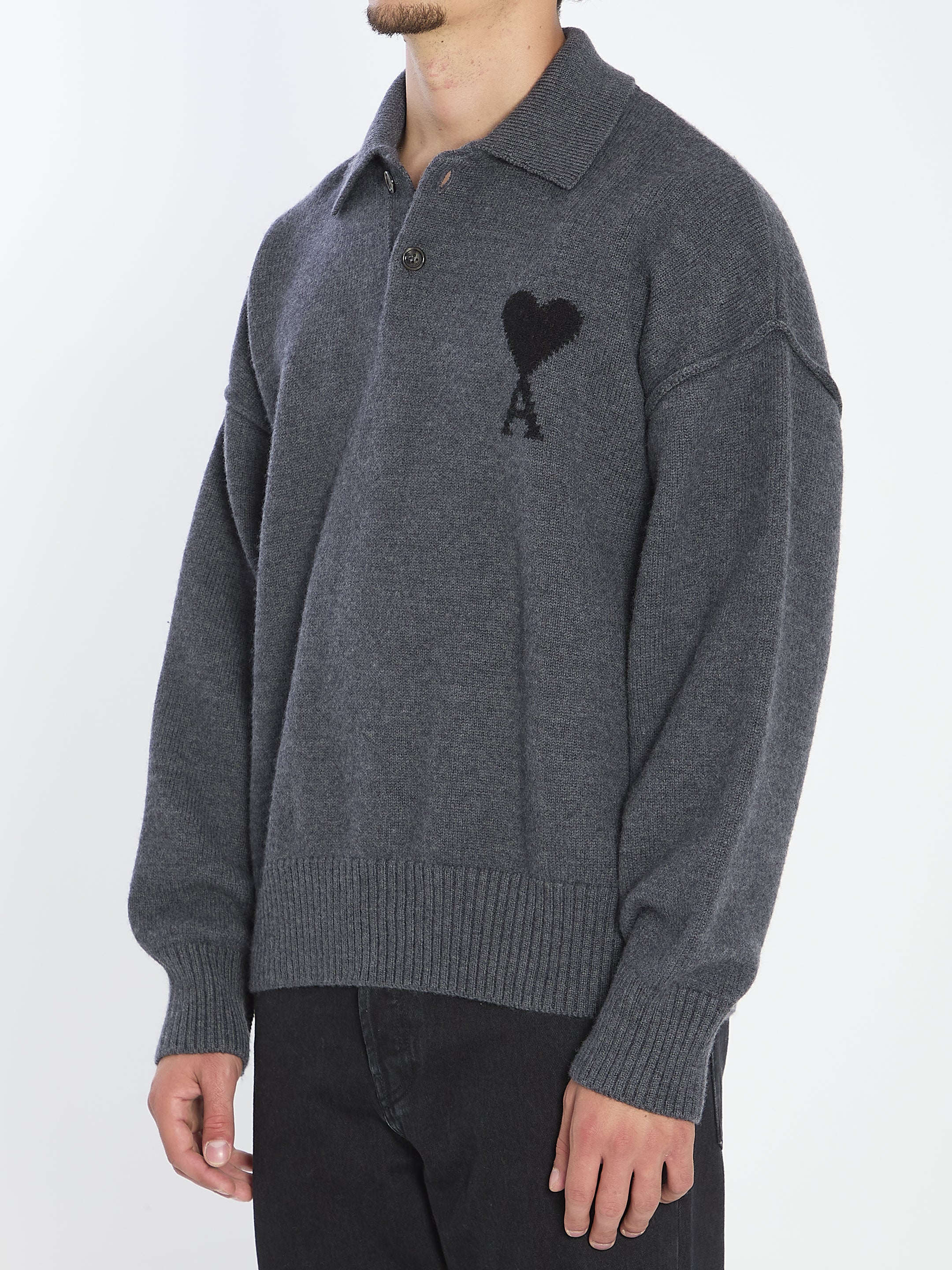 AMI PARIS Polo-Style Sweater with Intarsia Logo - FW25