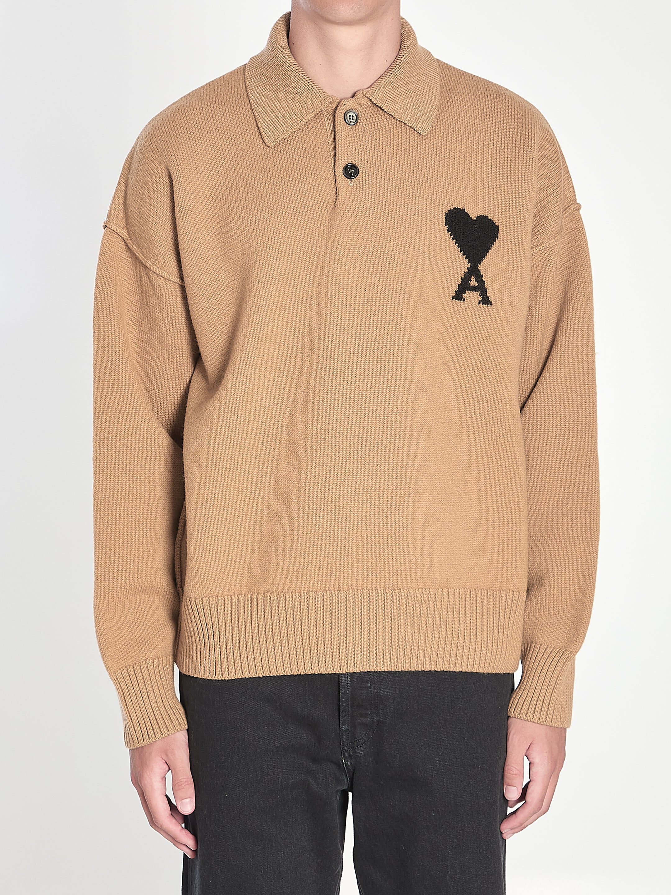 AMI PARIS Regular Fit Merino Wool Polo with AMI of Coeur Design - Size L