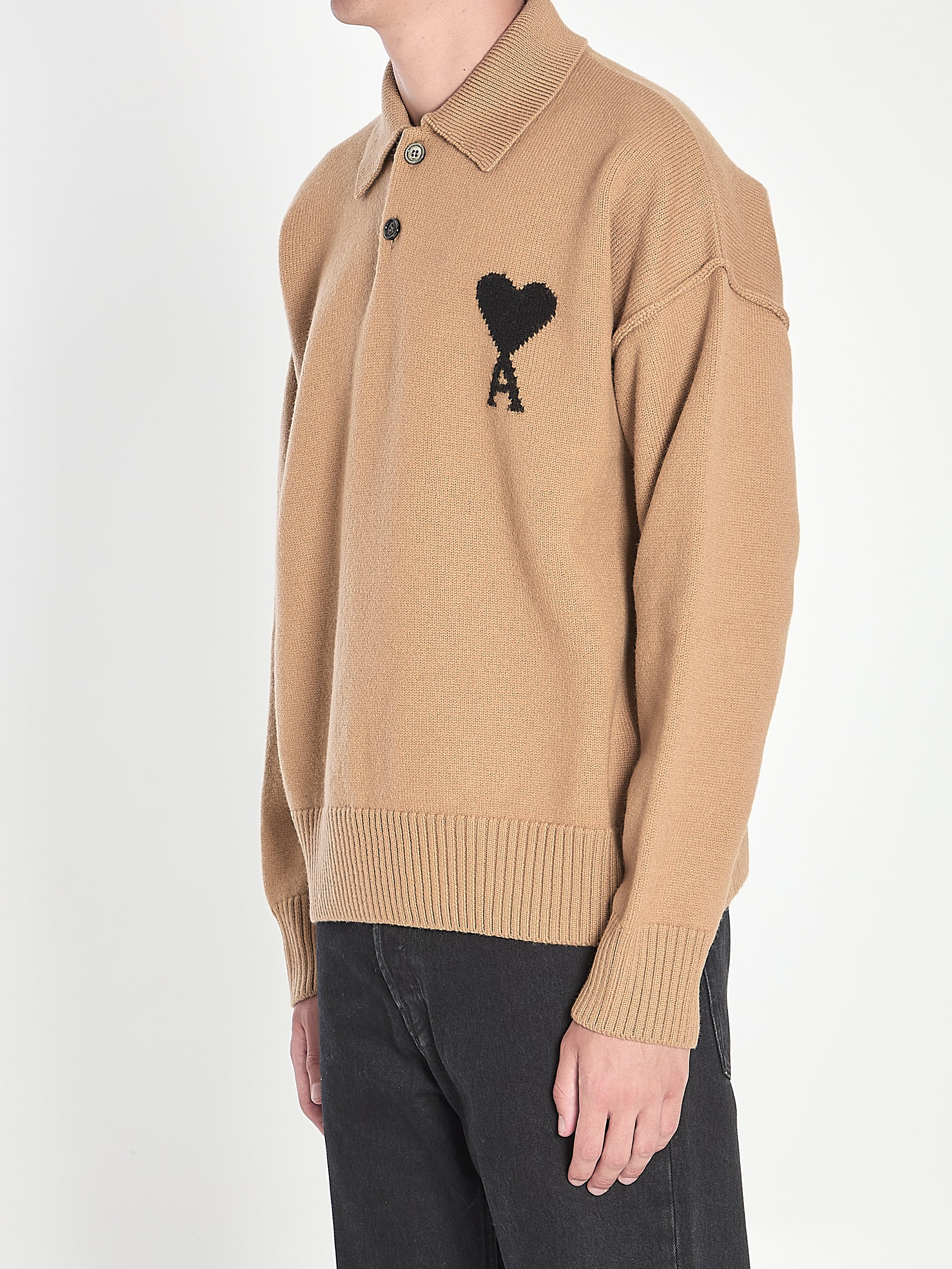 AMI PARIS Regular Fit Merino Wool Polo with AMI of Coeur Design - Size L