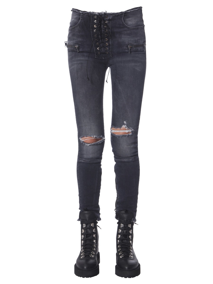 Unraveled Skinny Fit Jeans with Front Lace Closure