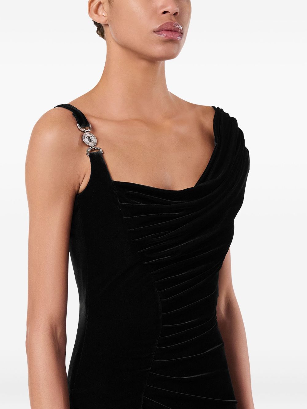 VERSACE Elegant Long Draped Velvet Dress with Silver Medusa Hardware