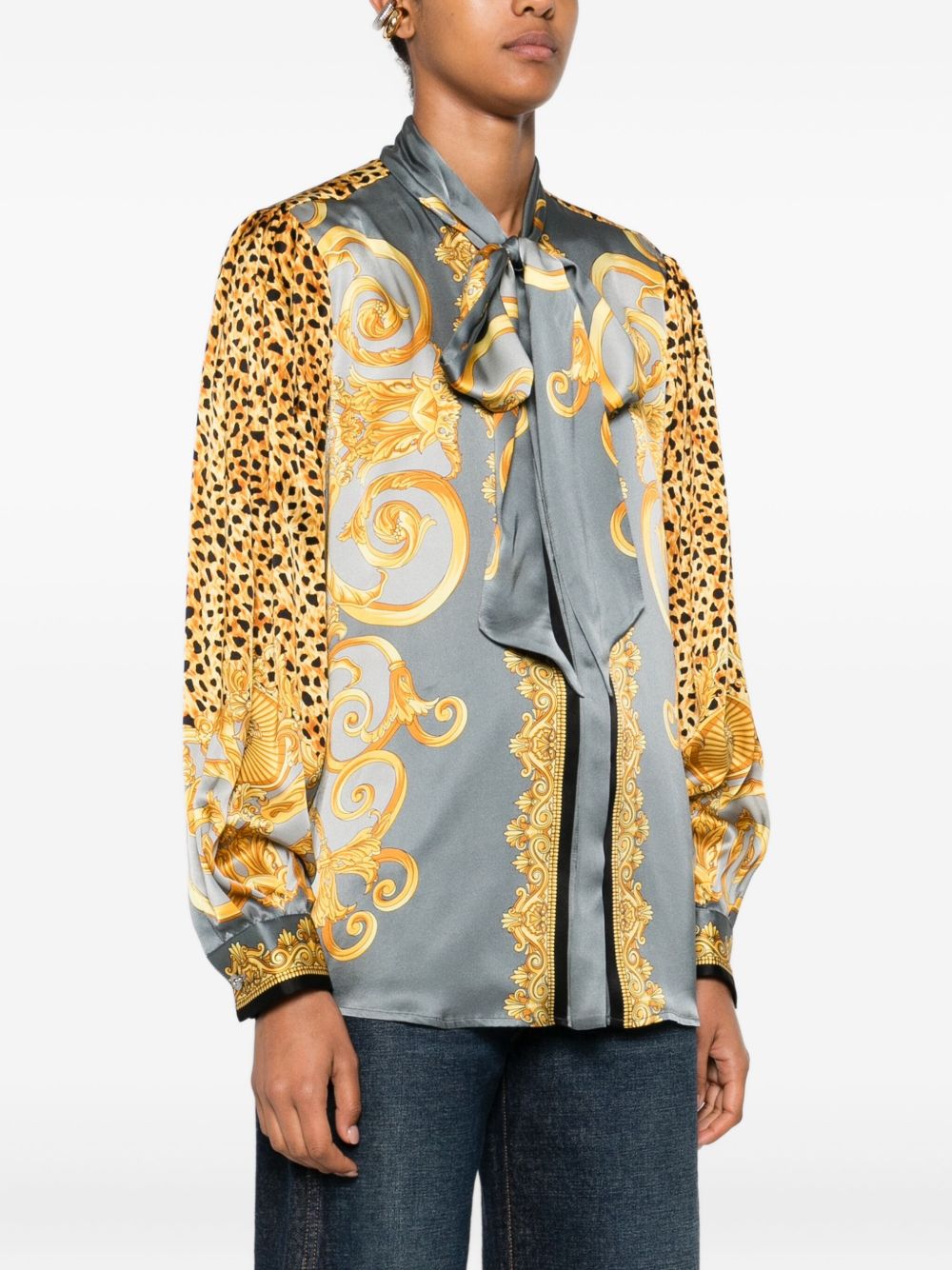 VERSACE Silk Lavallière Shirt with Cheetah Print - Women