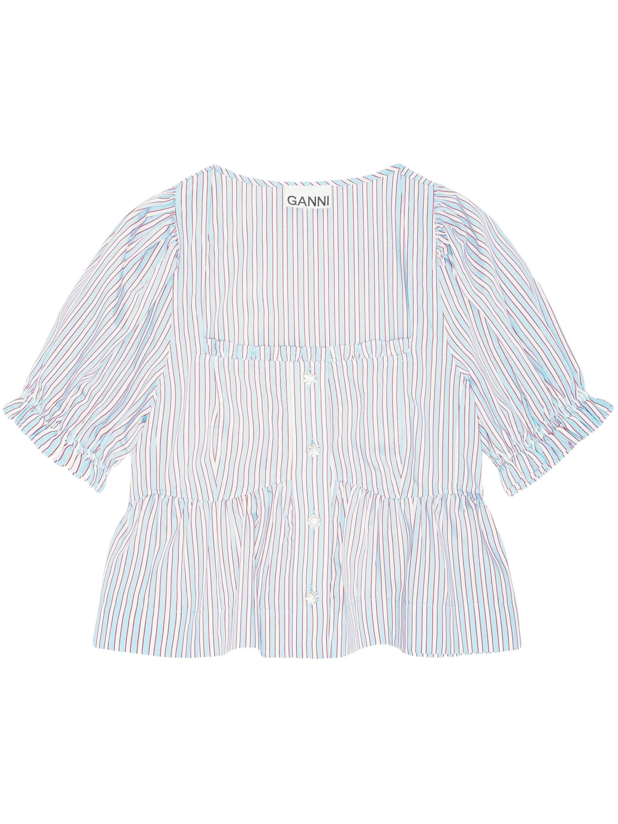 GANNI Women's Striped Blouse with Short Puff Sleeves - Size 36