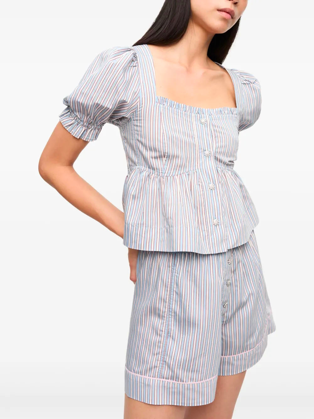GANNI Women's Striped Blouse with Short Puff Sleeves - Size 36