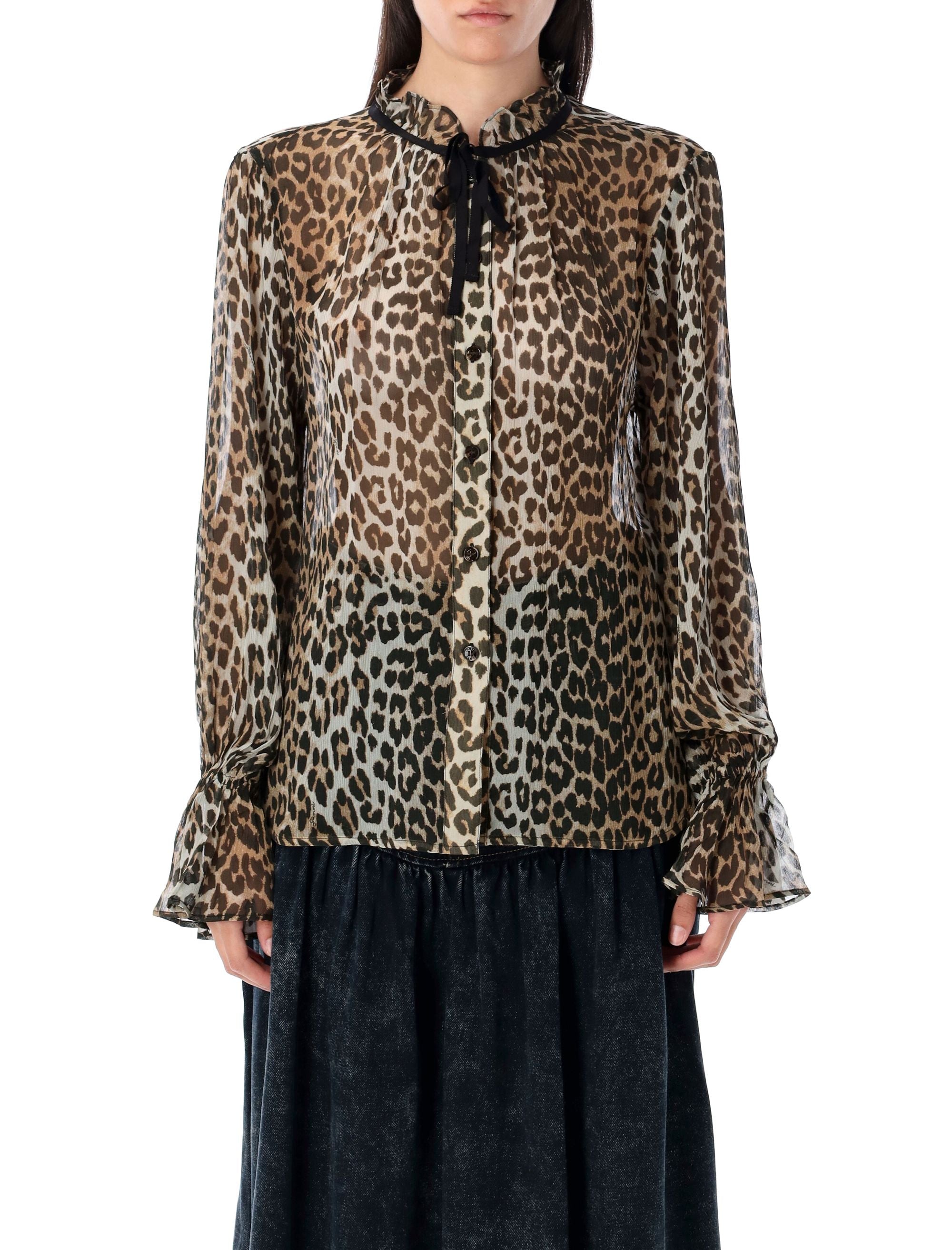 GANNI Leopard Print Chiffon Tie String Shirt - Size 36