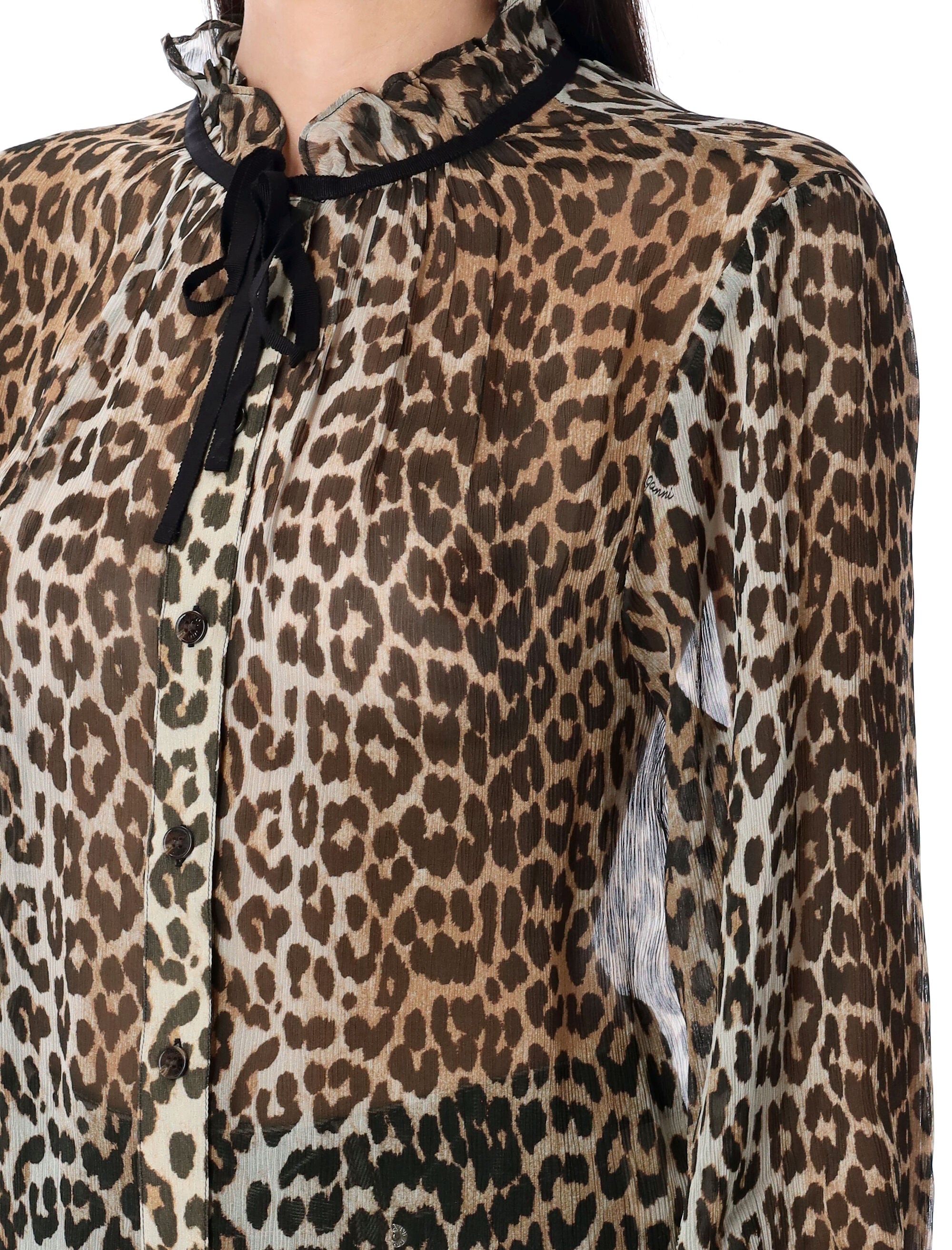 GANNI Leopard Print Chiffon Tie String Shirt - Size 36