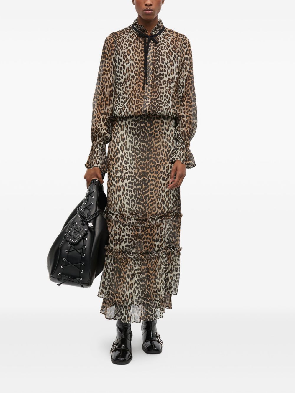 GANNI Leopard Print Blouse with Ruffle Collar