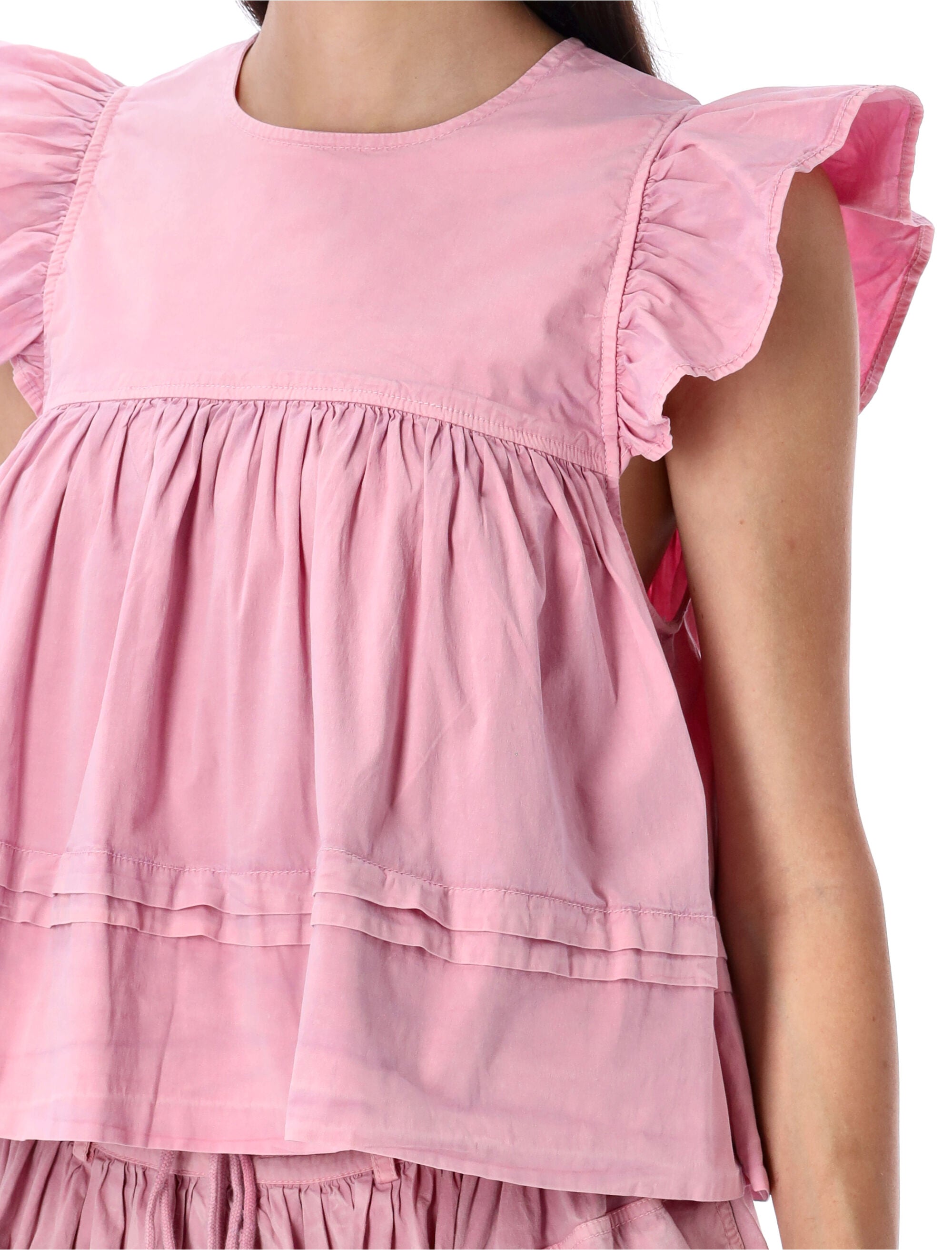 GANNI Washed Cotton Top with Frill Sleeves - Size 36