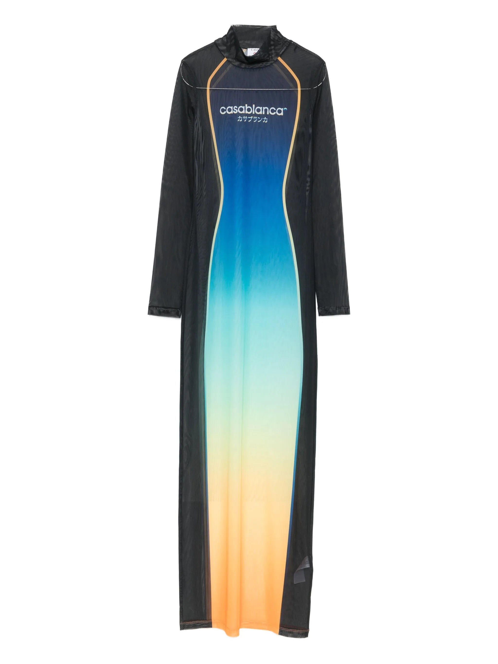 CASABLANCA Printed Mesh Maxi Dress with Long Sleeves and High Neck