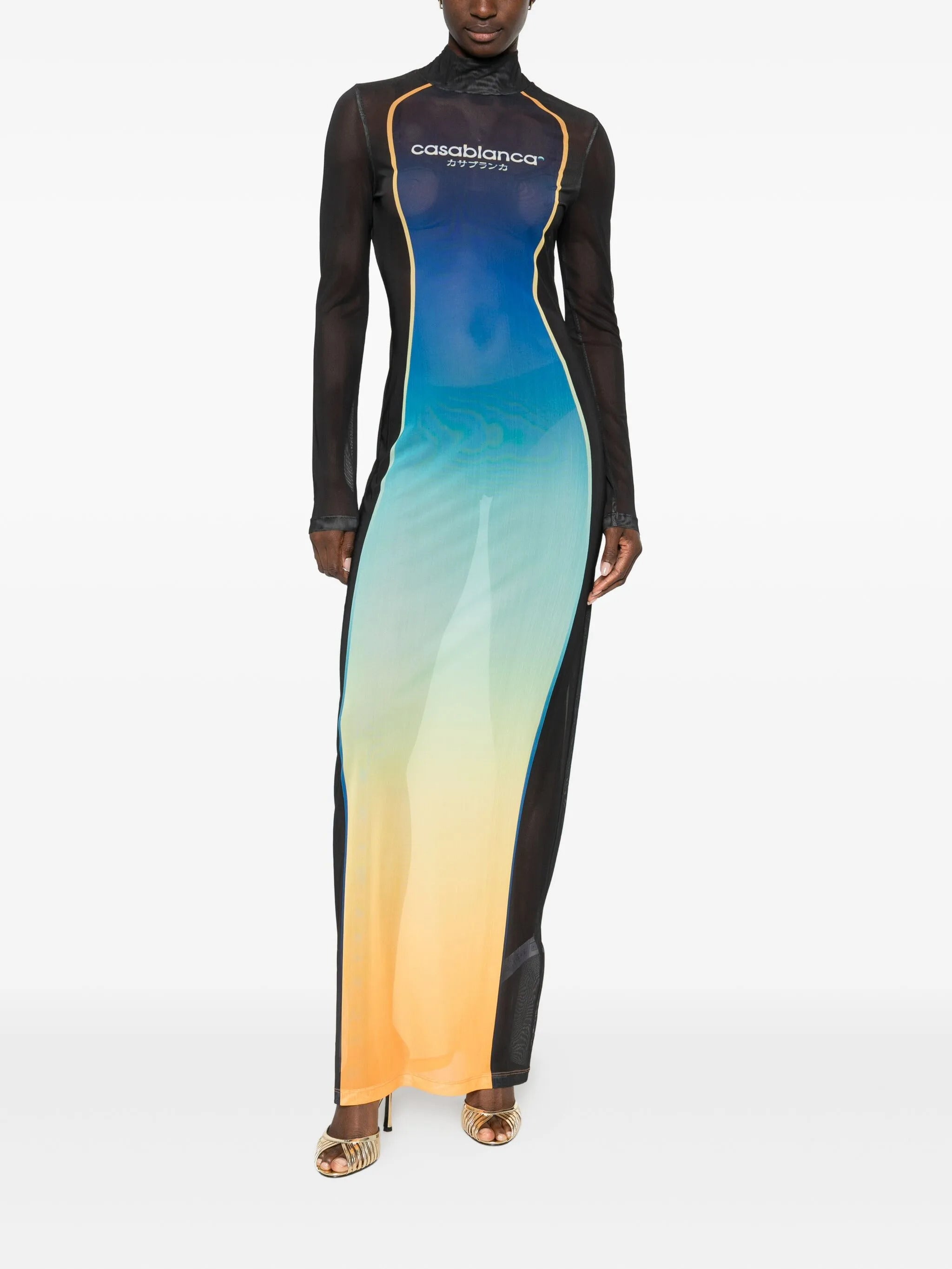 CASABLANCA Printed Mesh Maxi Dress with Long Sleeves and High Neck