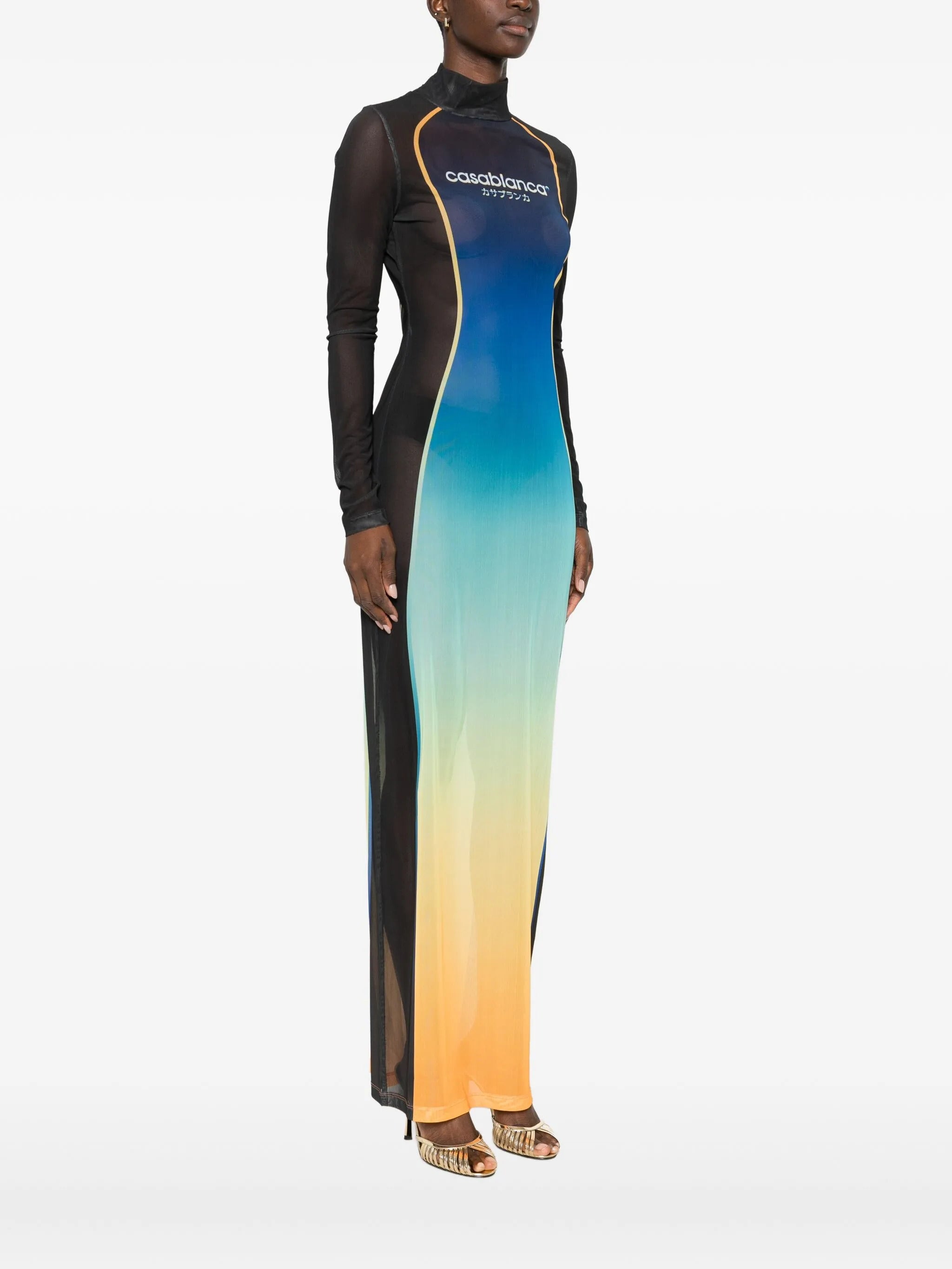 CASABLANCA Printed Mesh Maxi Dress with Long Sleeves and High Neck