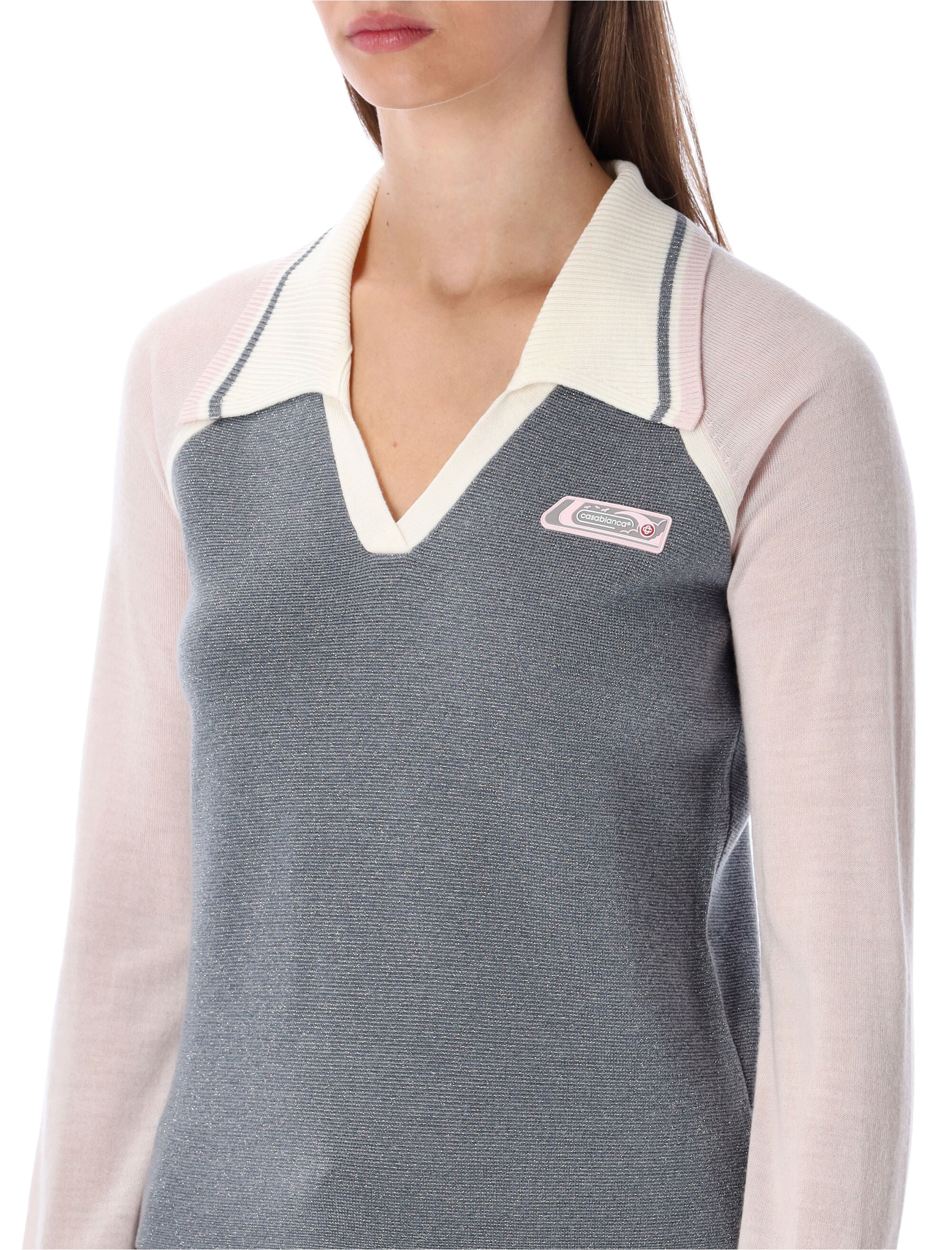 CASABLANCA Merino Lurex Long-Sleeve Tennis Polo - Size S
