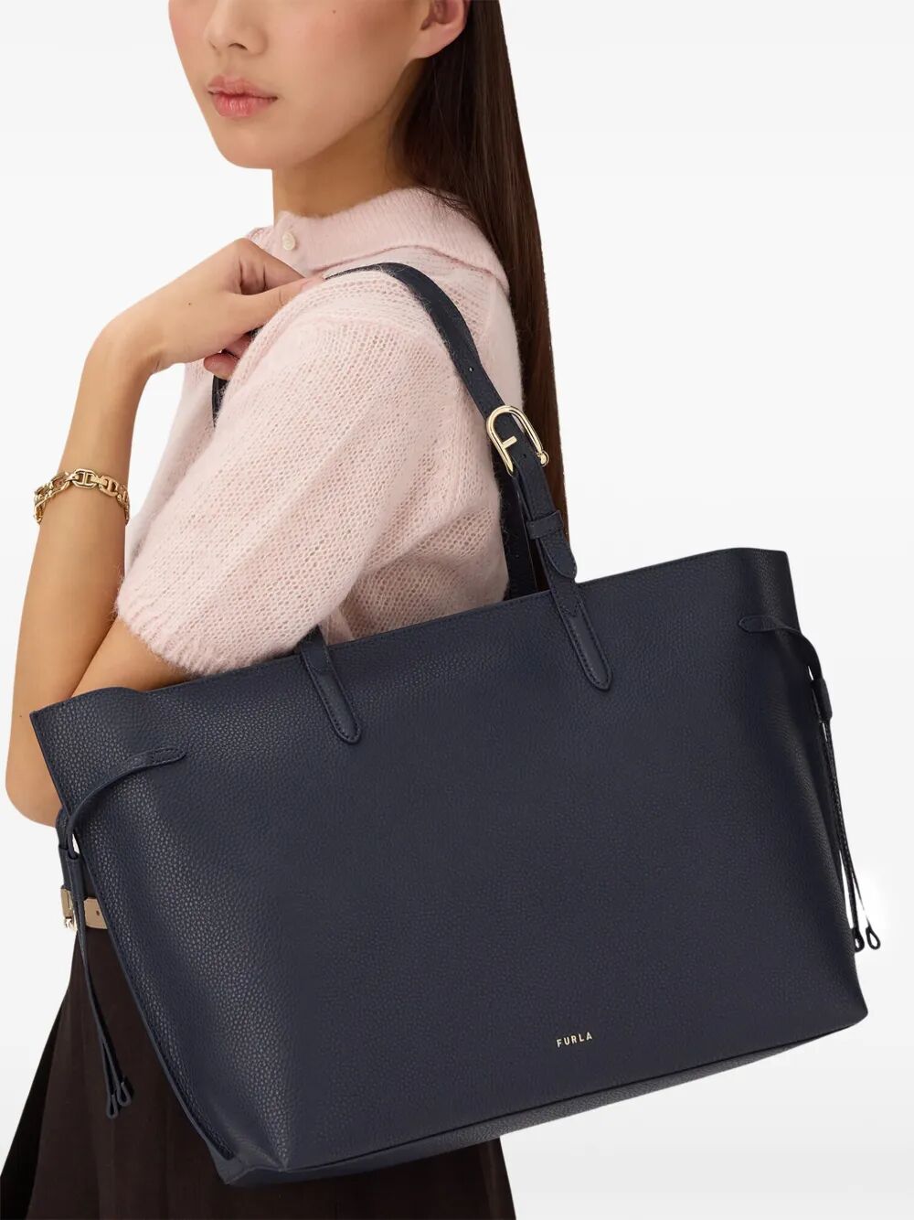 FURLA Large Leather Tote Handbag with Zip Closure