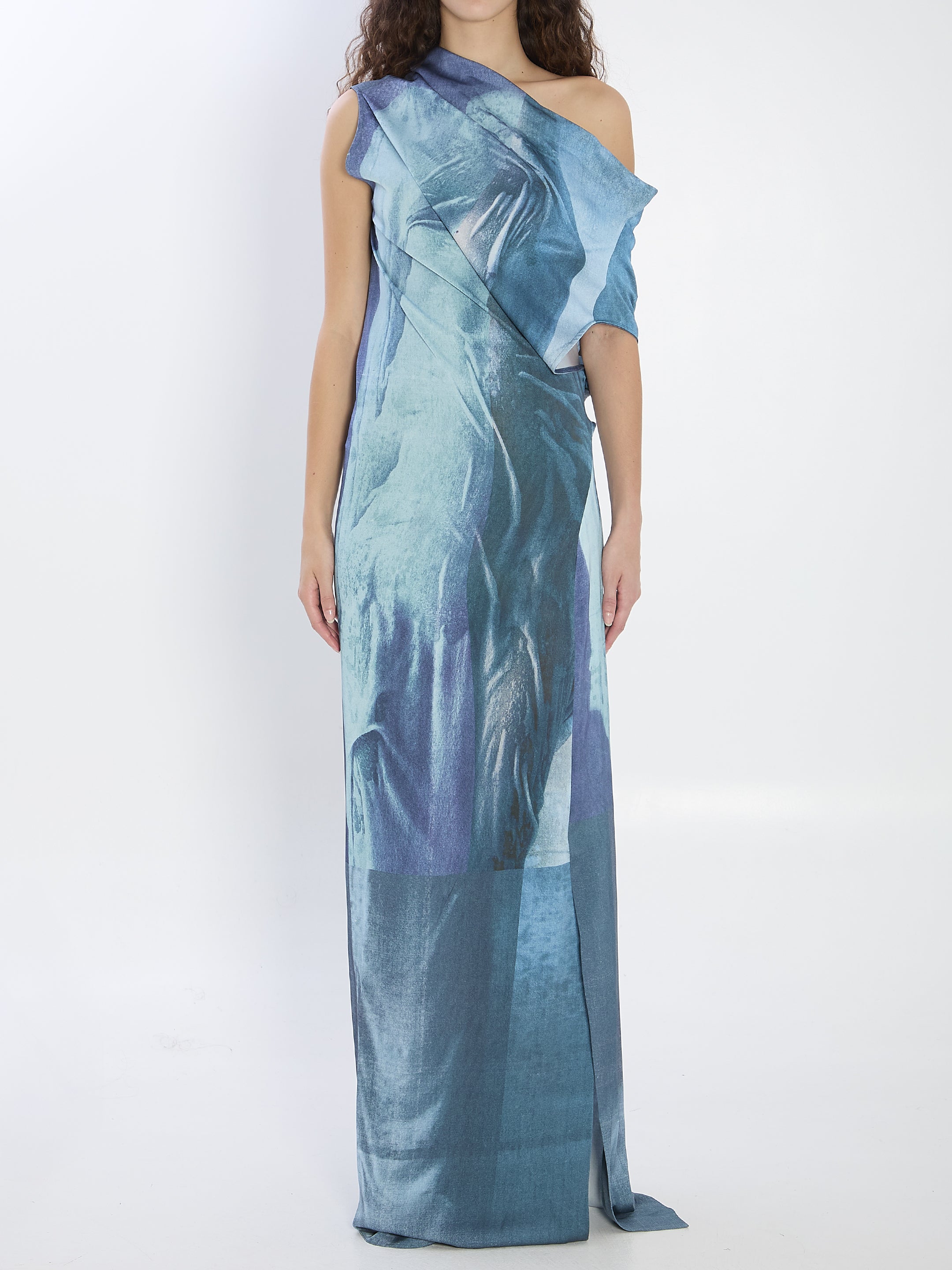 JEAN PAUL GAULTIER Water Print Long Dress with Adjustable Neckline - XS