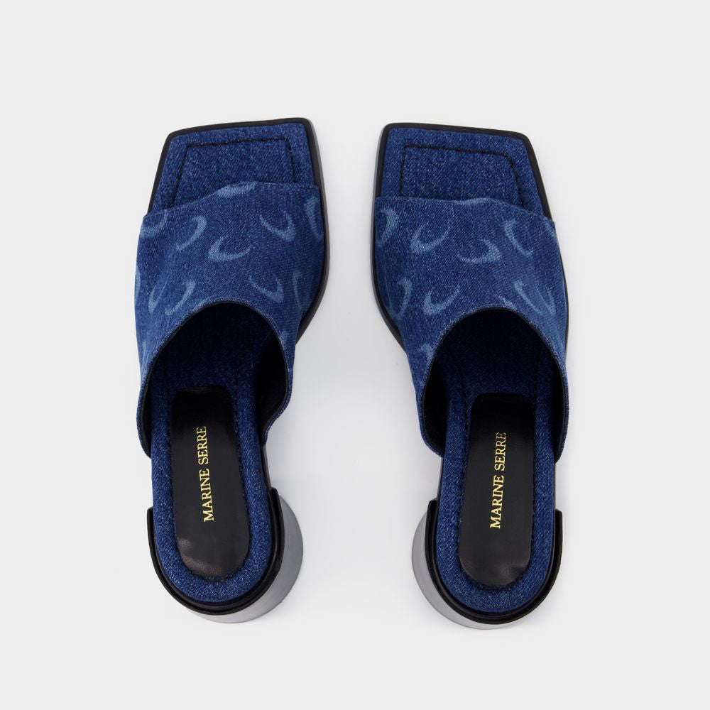 MARINE SERRE Heeled Flat in Moon Allover Print Denim - 7cm Heel Height