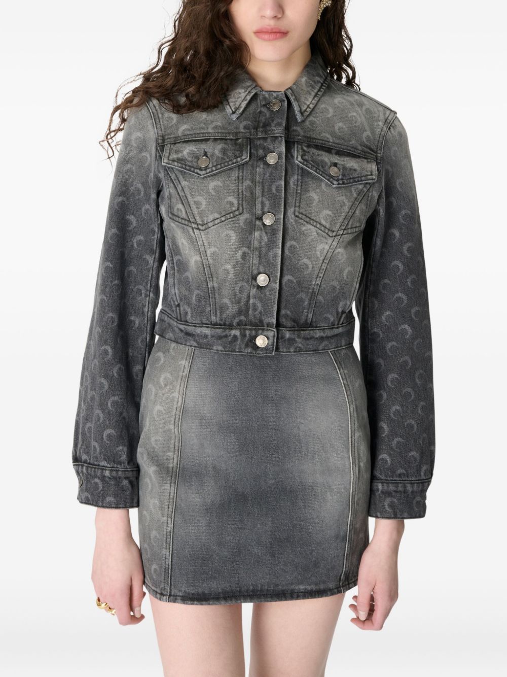 MARINE SERRE Cropped Denim Jacket with Graphic Moon Motif