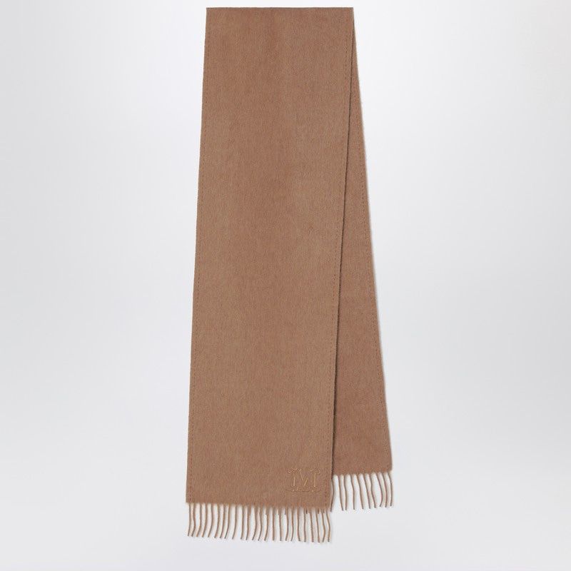 MAX MARA Embroidered Monogram Camel Scarf with Decorative Fringes