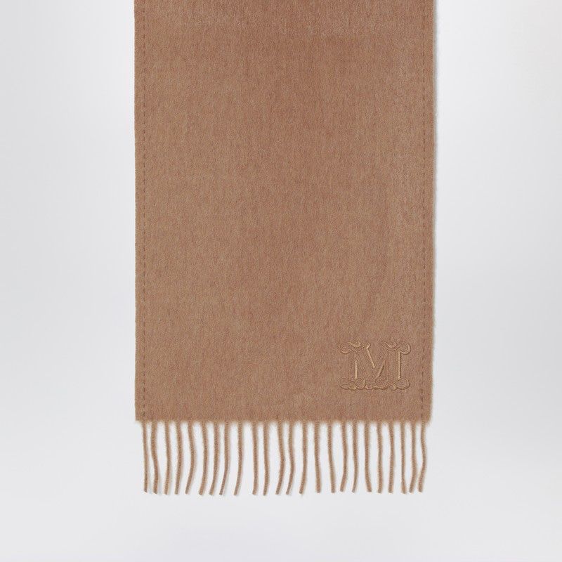 MAX MARA Embroidered Monogram Camel Scarf with Decorative Fringes