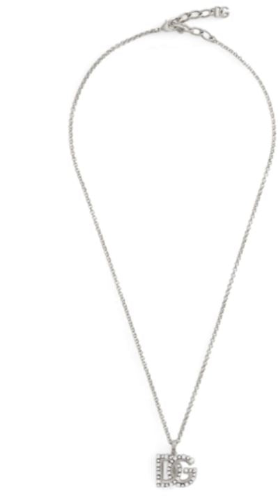 DOLCE & GABBANA Brass Necklace with Logo Pendant and Rhinestone Embellishment