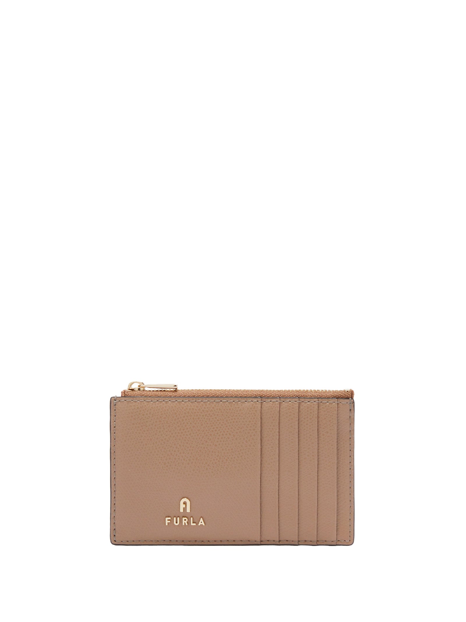 FURLA Mini Leather Card Holder with Zip Pocket and logo